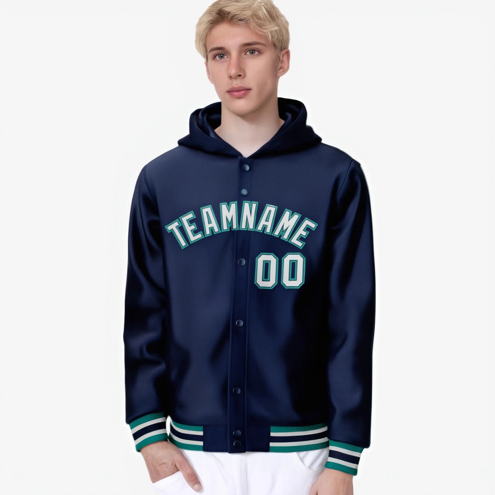 Custom Navy Gray-Aqua Varsity Full-Snap Letterman Classic Hoodie Jacket