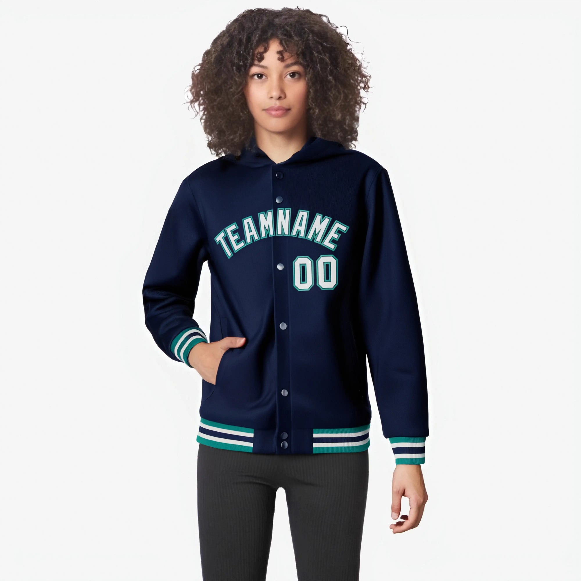 Custom Navy Gray-Aqua Varsity Full-Snap Letterman Classic Hoodie Jacket