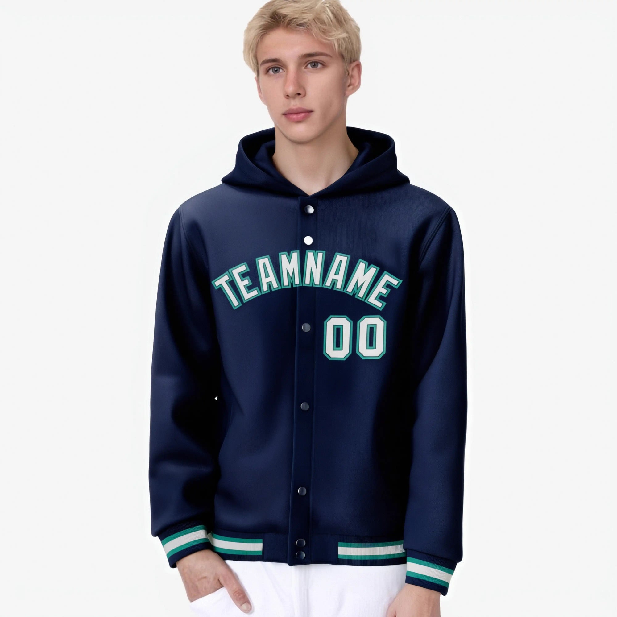 Custom Navy Gray-Aqua Varsity Full-Snap Letterman Classic Hoodie Jacket