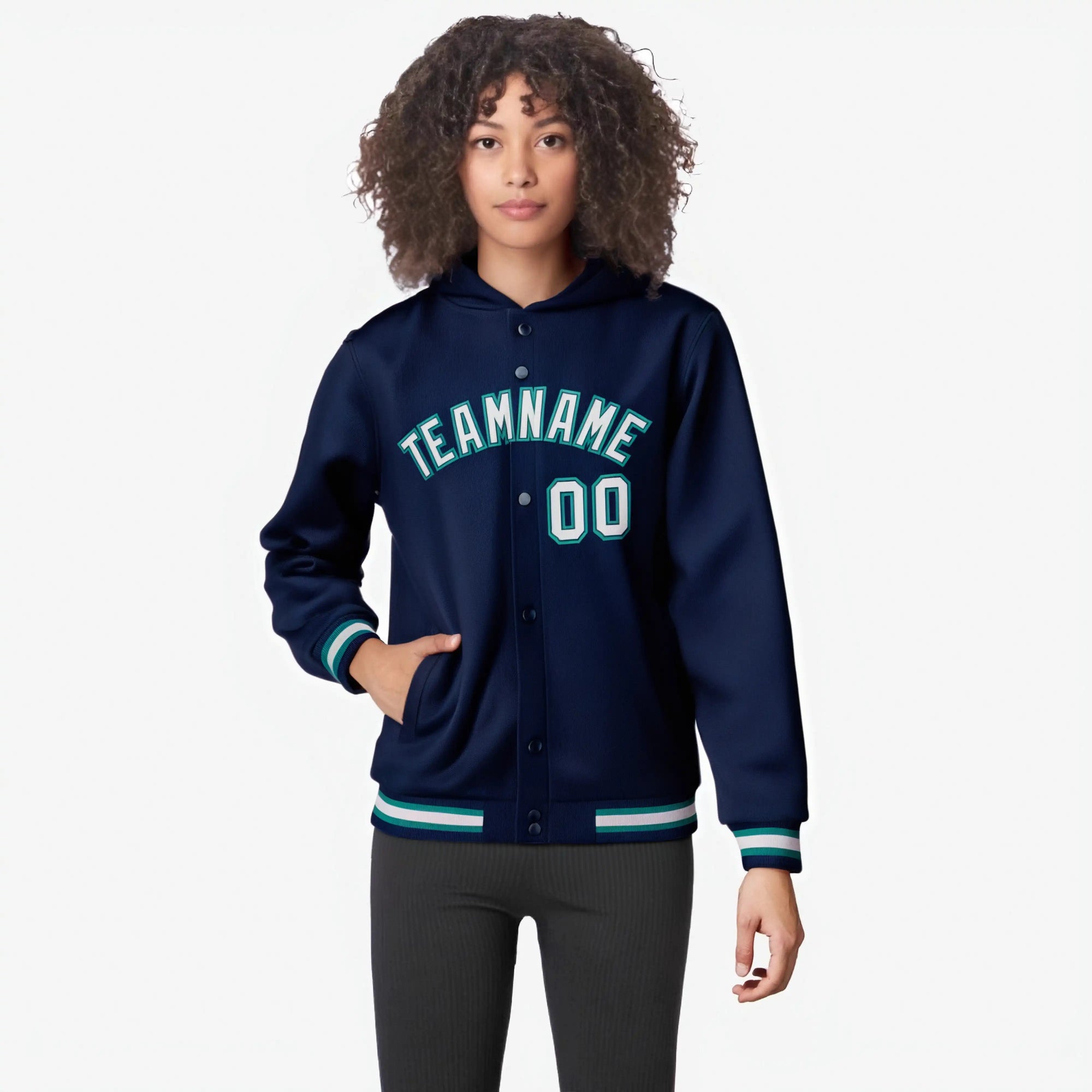 Custom Navy Gray-Aqua Varsity Full-Snap Letterman Classic Hoodie Jacket