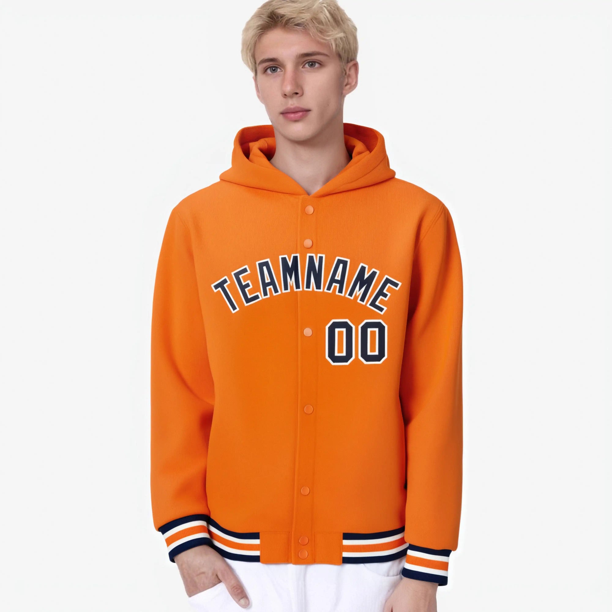 Custom Orange Navy-White Varsity Full-Snap Letterman Classic Hoodie Jacket