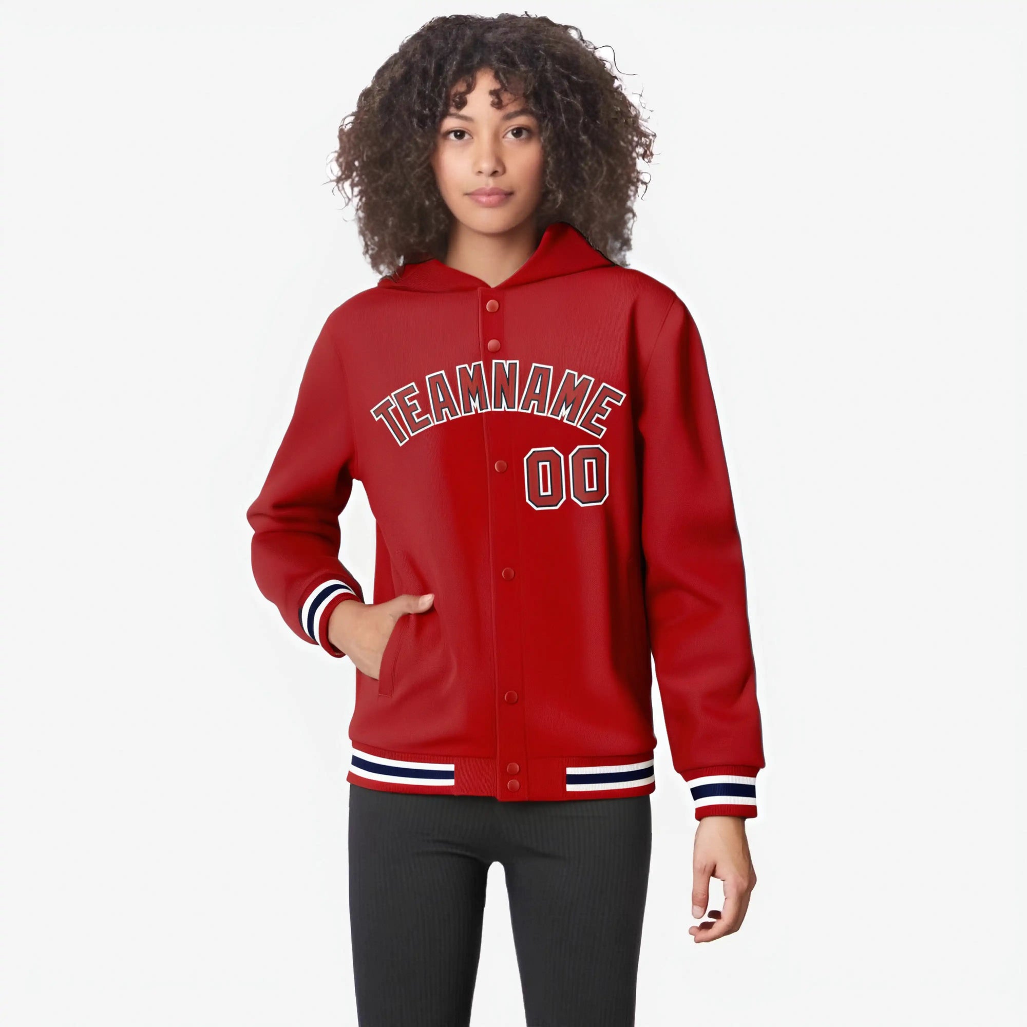 Custom Red White Varsity Full-Snap Letterman Classic Hoodie Jacket