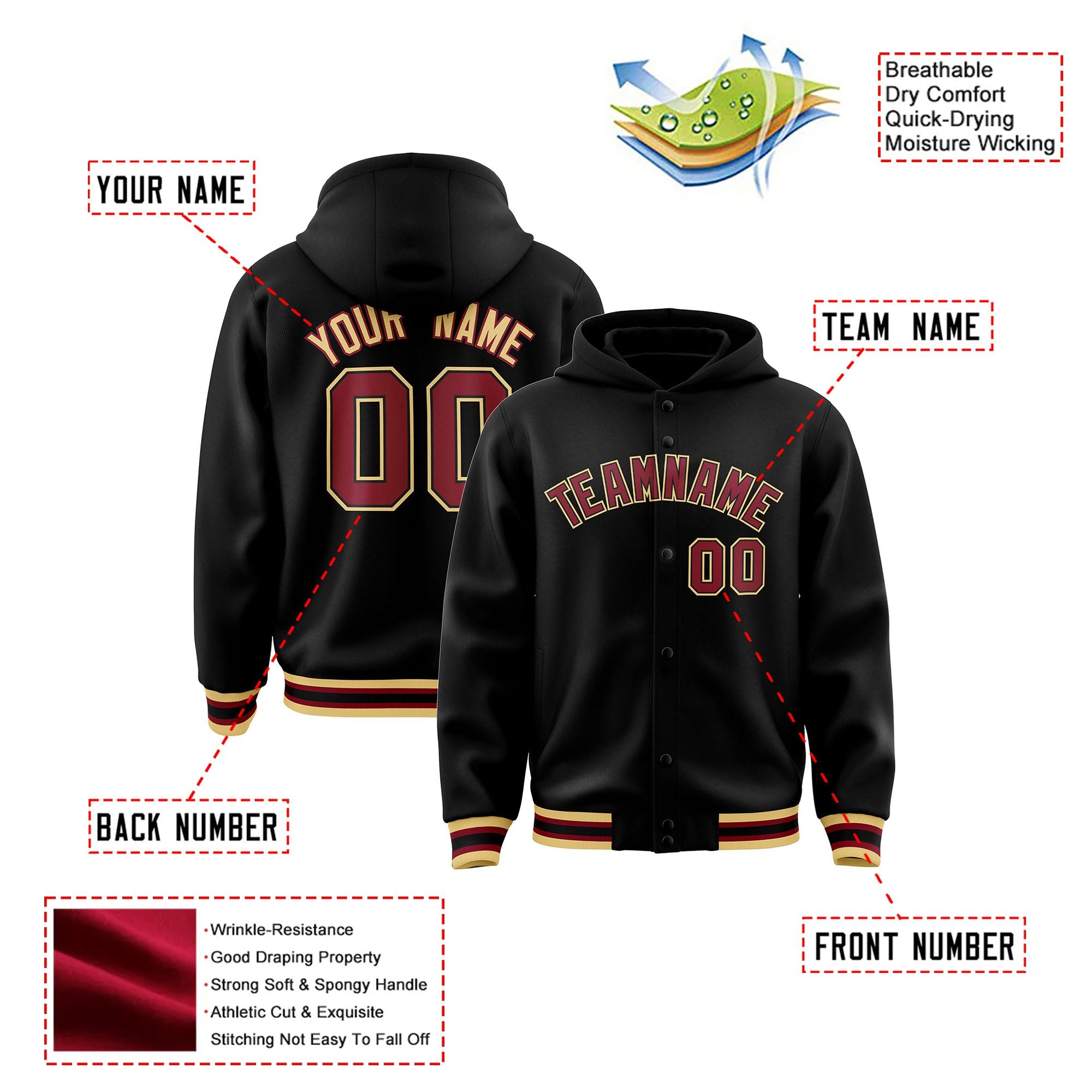 Custom Black Crimson-Gold Varsity Full-Snap Letterman Classic Hoodie Jacket