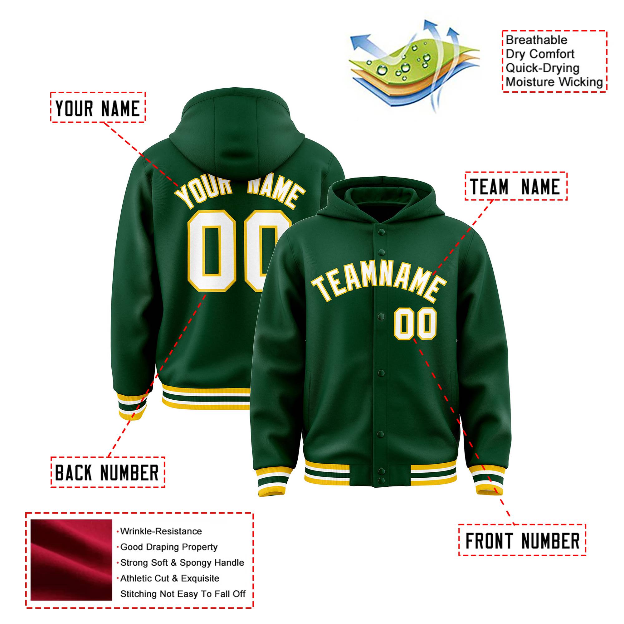 Custom Green White-Gold Varsity Full-Snap Letterman Classic Hoodie Jacket