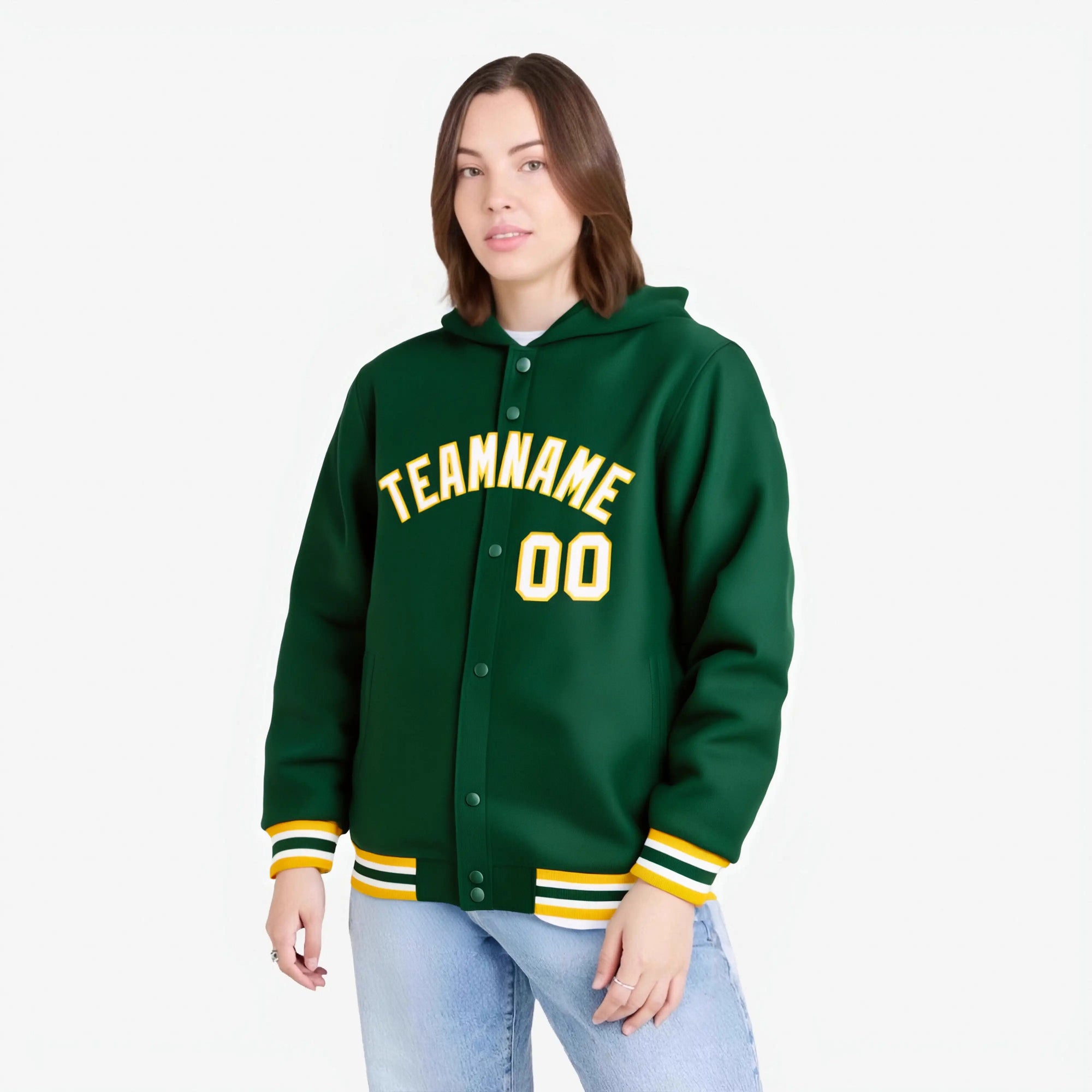 Custom Green White-Gold Varsity Full-Snap Letterman Classic Hoodie Jacket