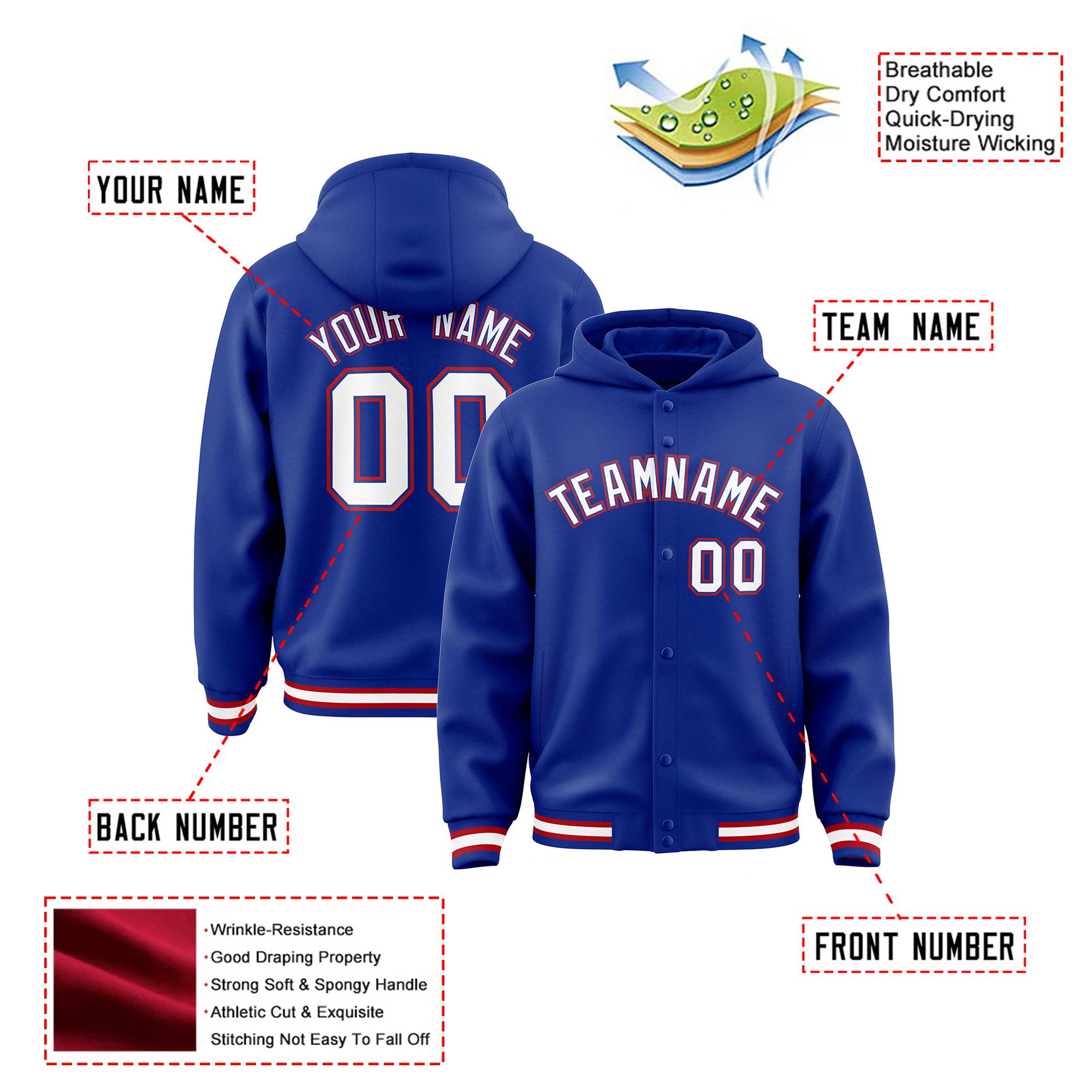 Custom Royal Blue White-Red Varsity Full-Snap Letterman Classic Hoodie Jacket