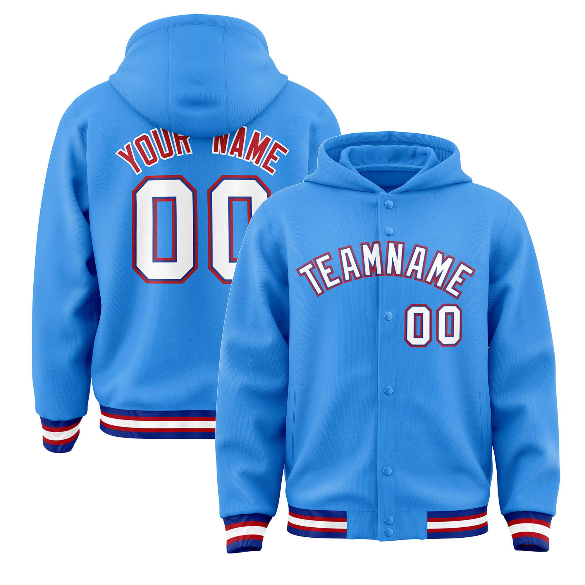 Custom Powder Blue White-Red Varsity Full-Snap Letterman Classic Hoodie Jacket