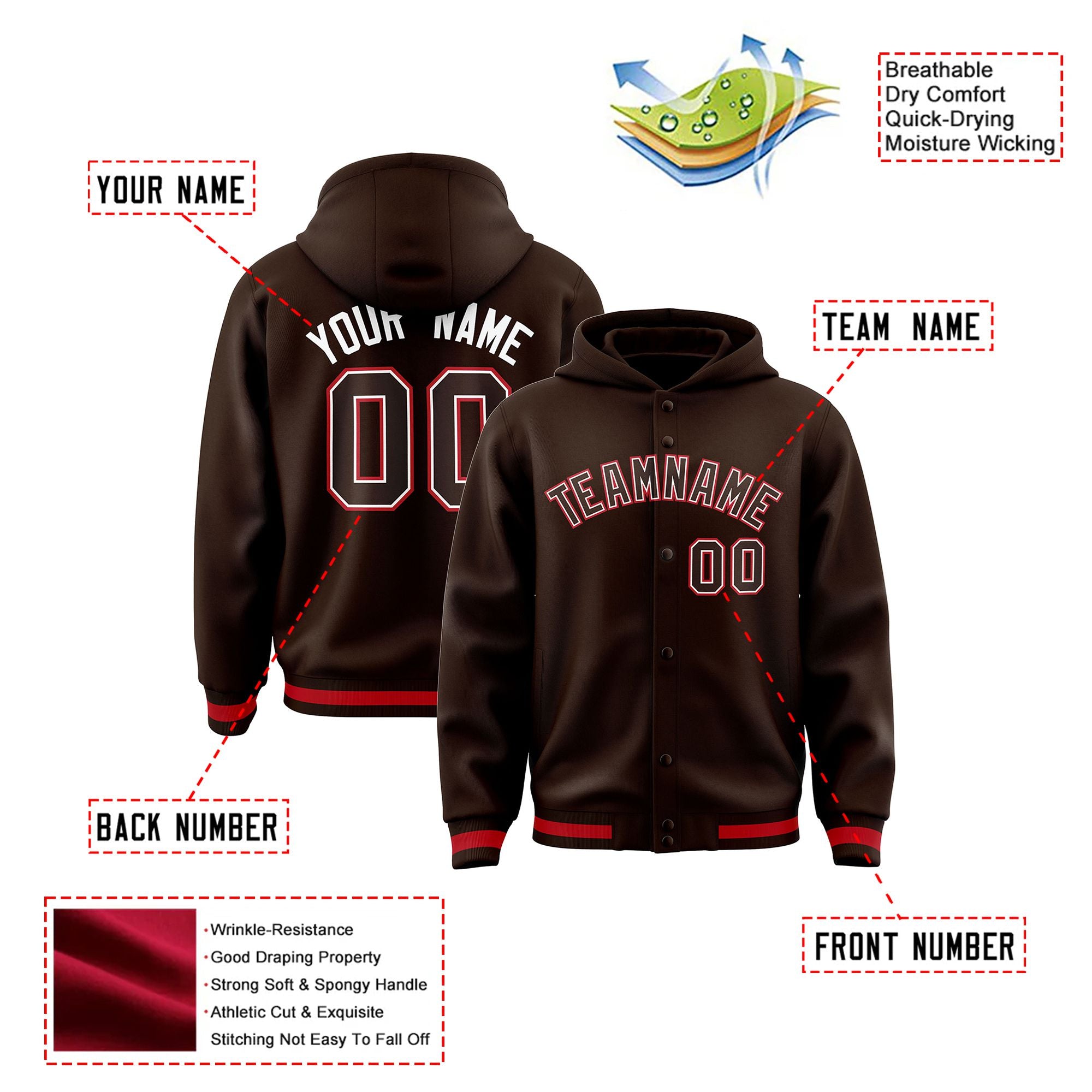 Custom Brown White-Red Varsity Full-Snap Letterman Classic Hoodie Jacket