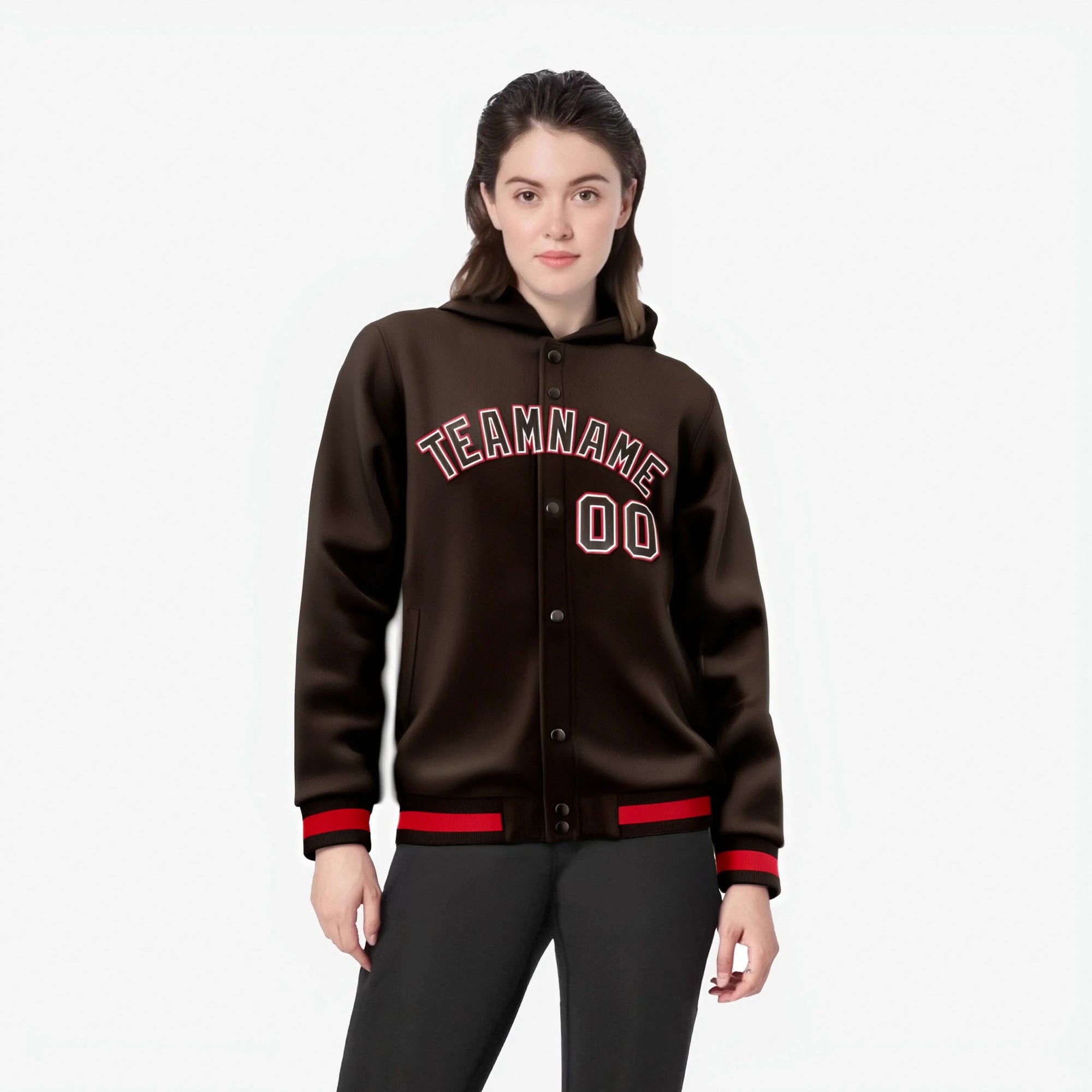 Custom Brown White-Red Varsity Full-Snap Letterman Classic Hoodie Jacket