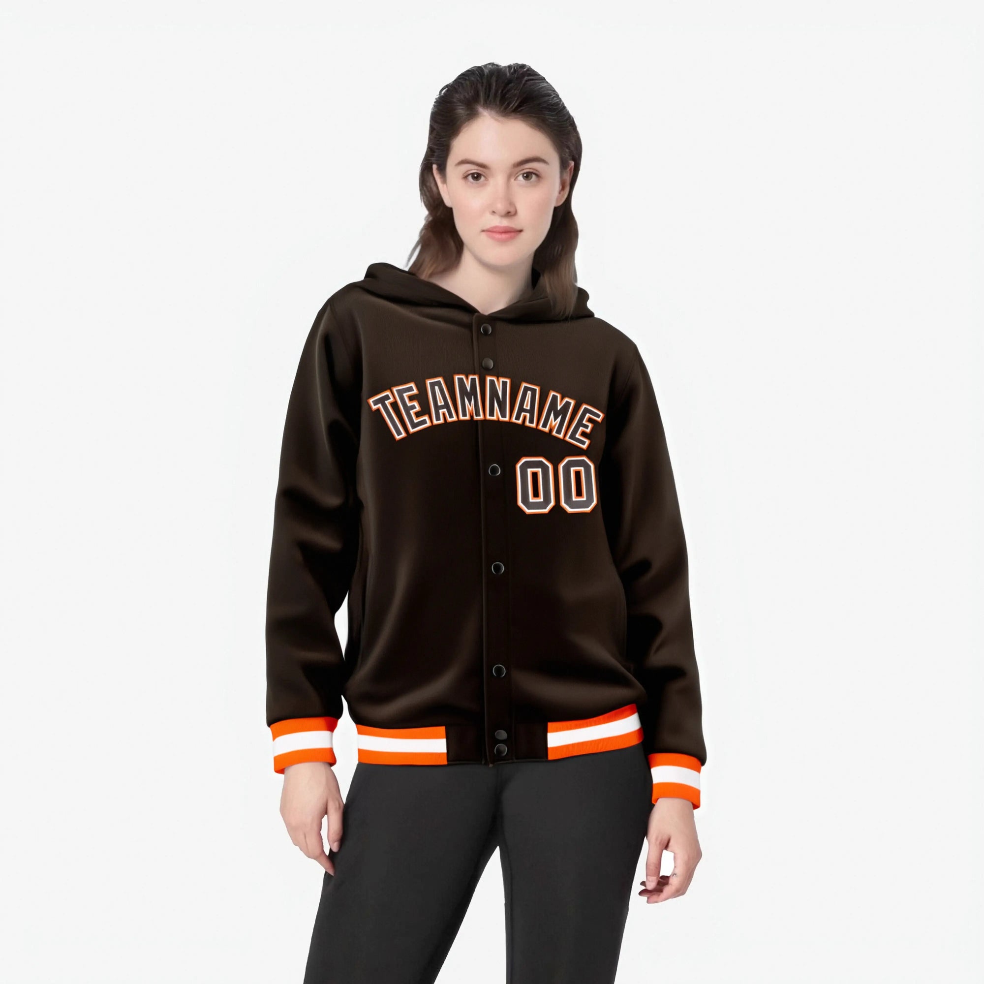 Custom Brown Orange-White Varsity Full-Snap Letterman Classic Hoodie Jacket