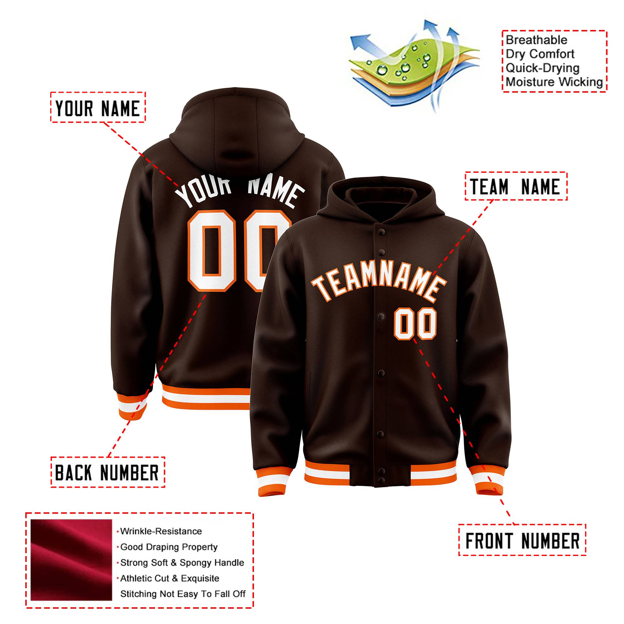 Custom Brown White-Orange Varsity Full-Snap Letterman Classic Hoodie Jacket