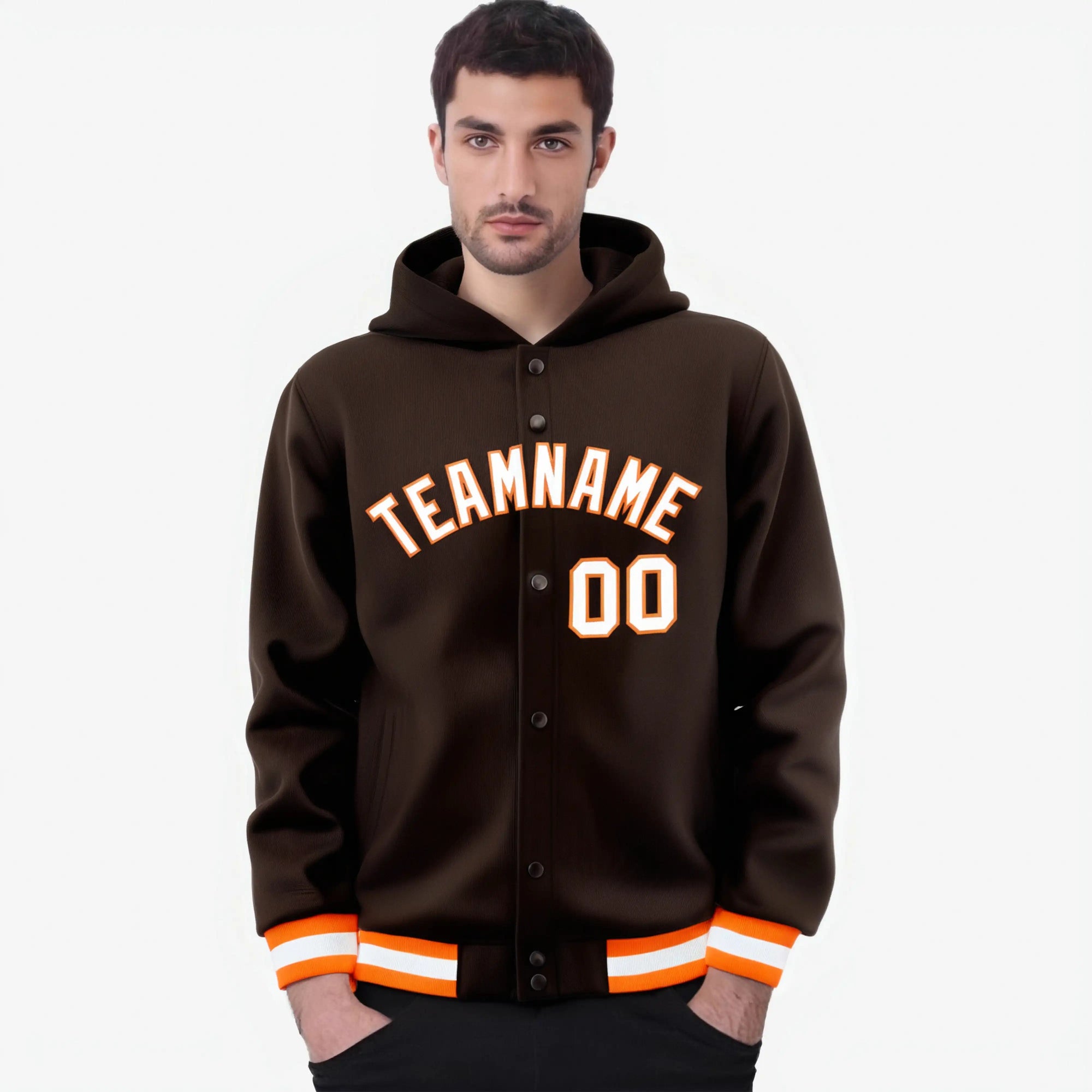 Custom Brown White-Orange Varsity Full-Snap Letterman Classic Hoodie Jacket