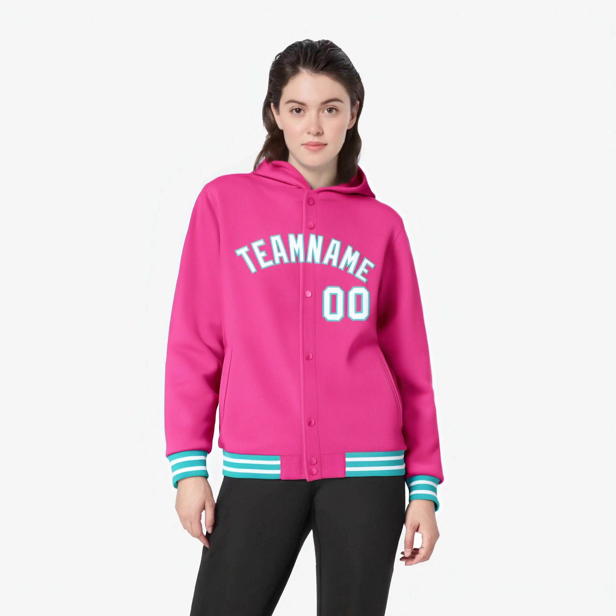 Custom Pink White-Aqua Varsity Full-Snap Letterman Classic Hoodie Jacket