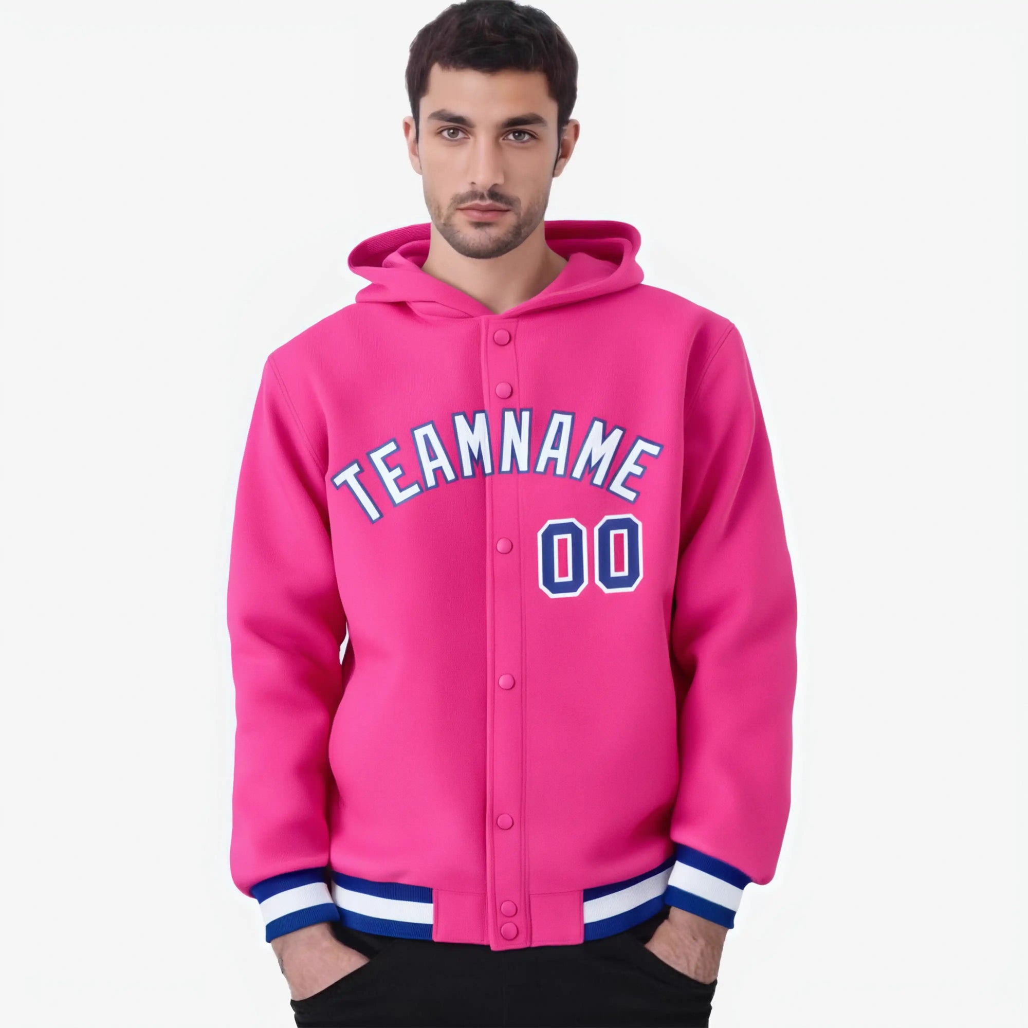 Custom Pink White-Royal Blue Varsity Full-Snap Letterman Classic Hoodie Jacket