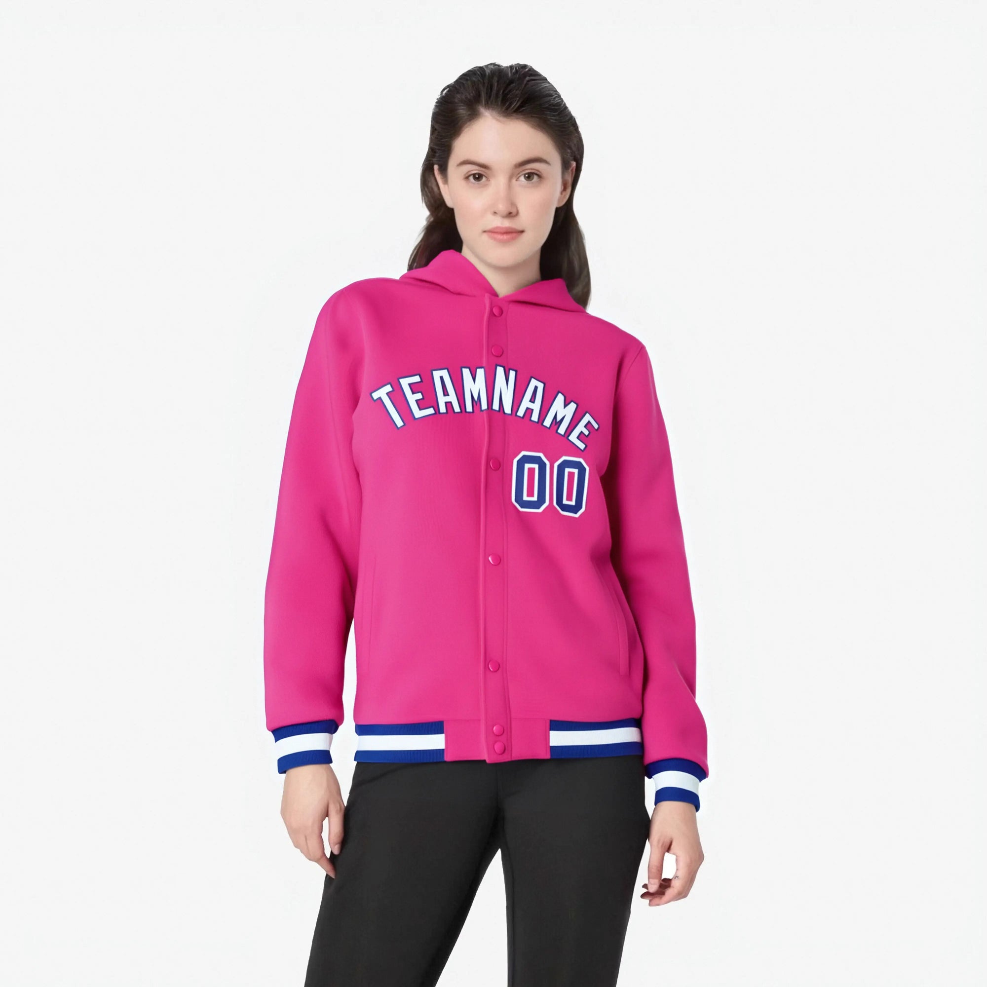 Custom Pink White-Royal Blue Varsity Full-Snap Letterman Classic Hoodie Jacket