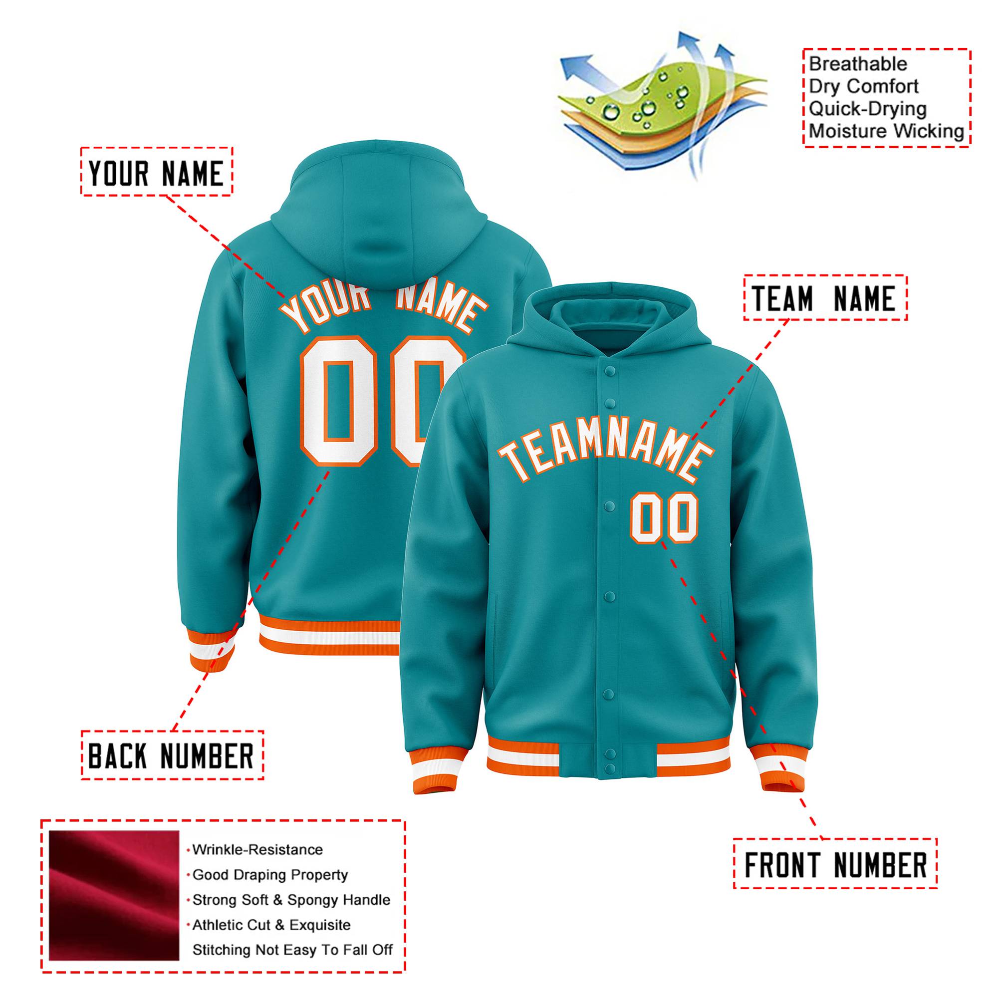 Custom Aqua White-Orange Varsity Full-Snap Letterman Classic Hoodie Jacket