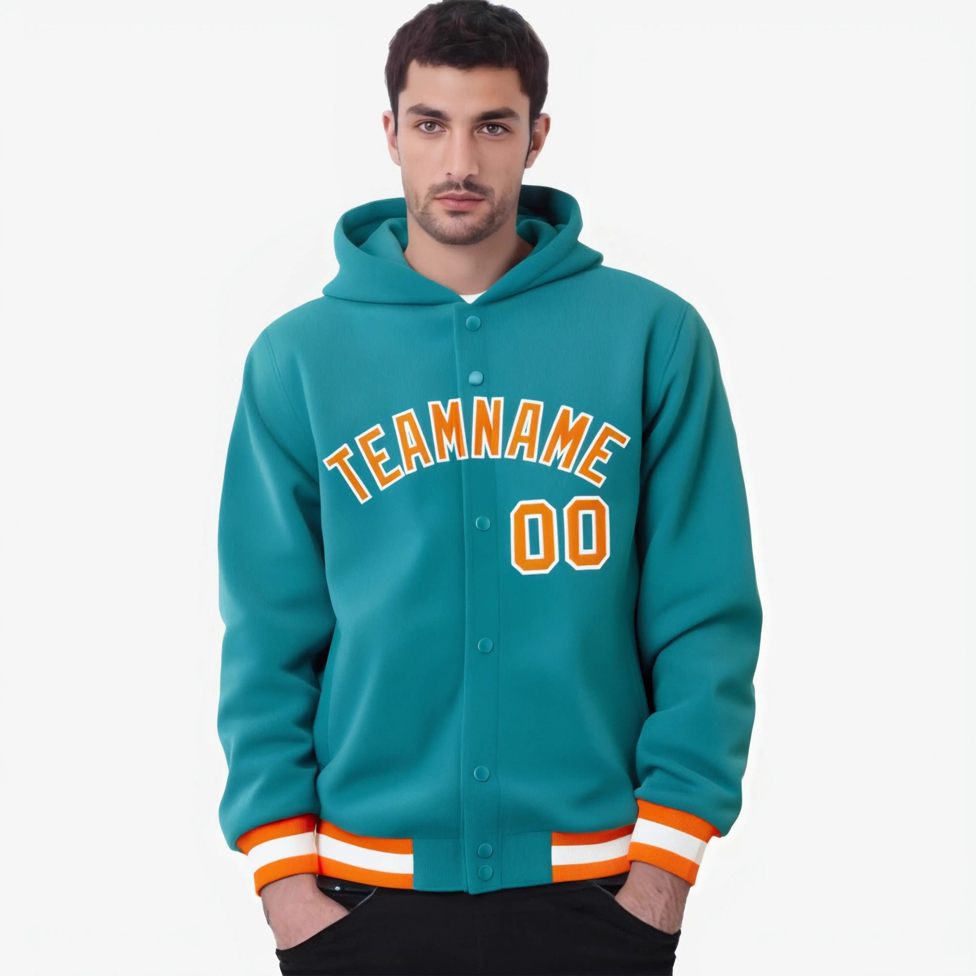 Custom Aqua Orange-White Varsity Full-Snap Letterman Classic Hoodie Jacket