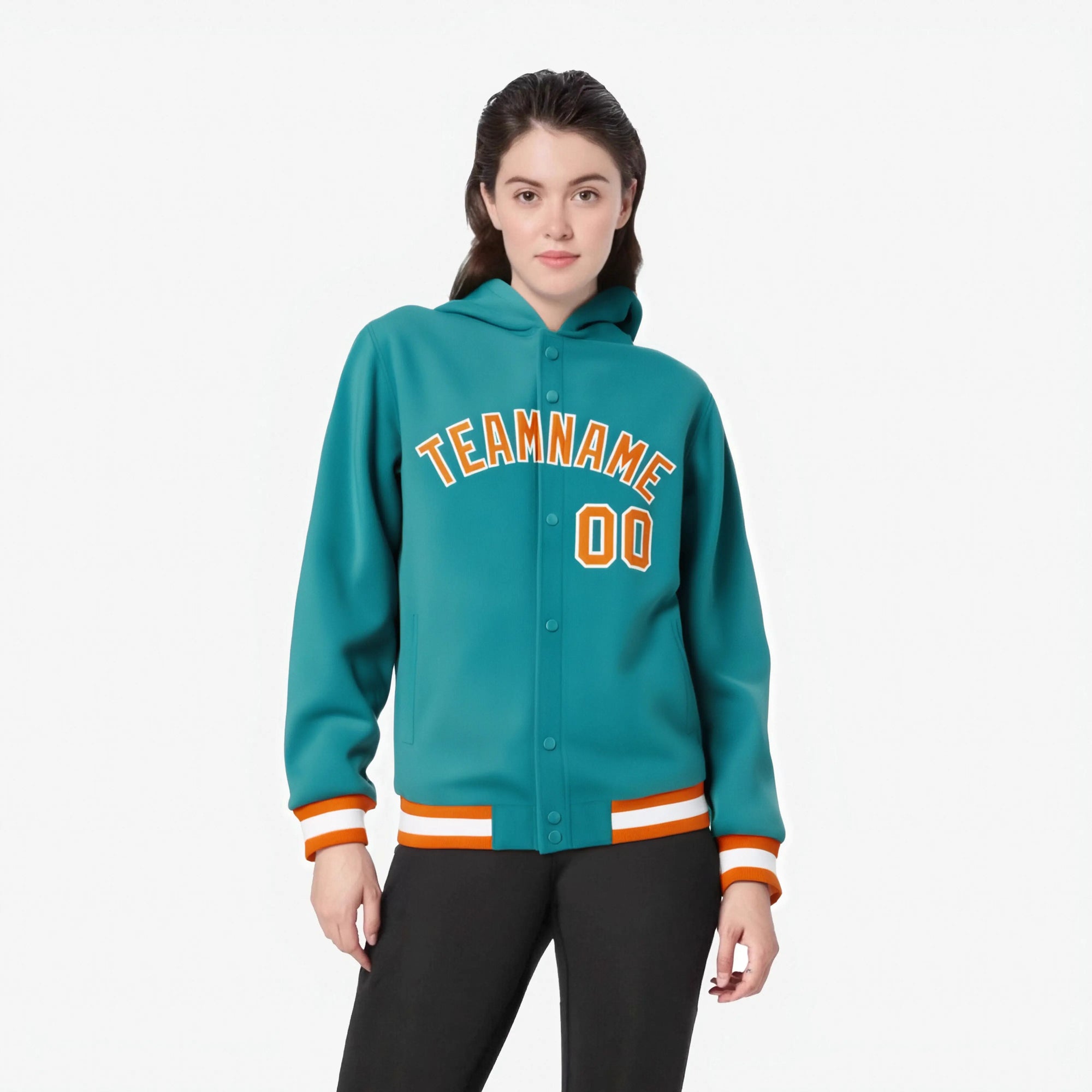 Custom Aqua Orange-White Varsity Full-Snap Letterman Classic Hoodie Jacket