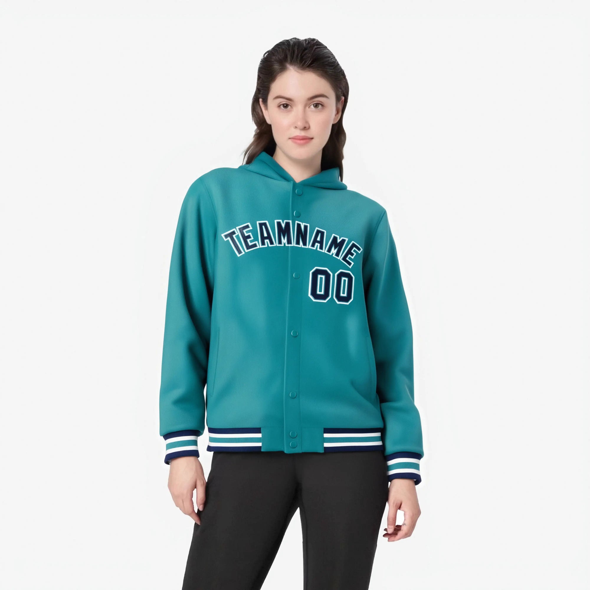 Custom Aqua Navy-White Varsity Full-Snap Letterman Classic Hoodie Jacket