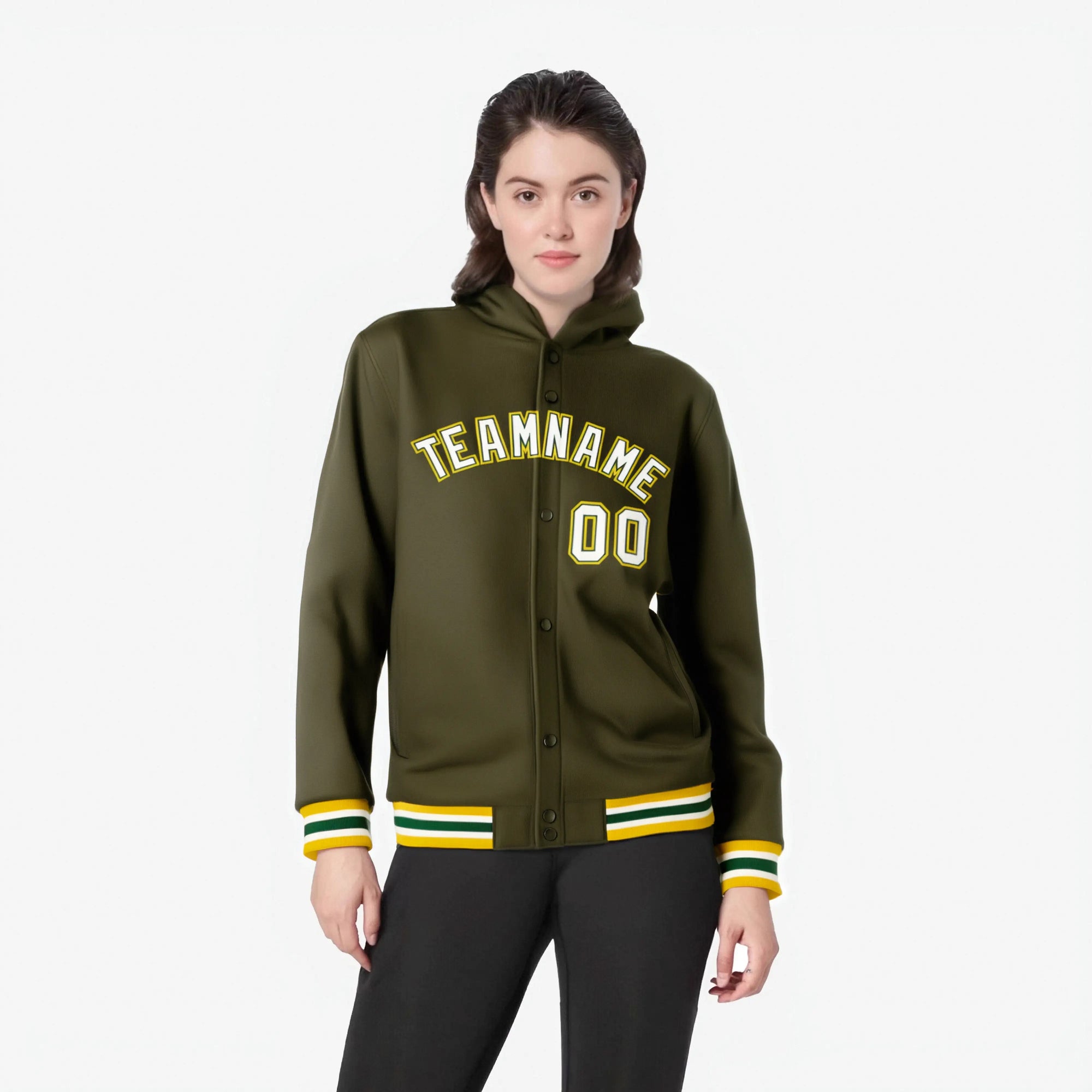 Custom Olive White-Gold Varsity Full-Snap Letterman Classic Hoodie Jacket