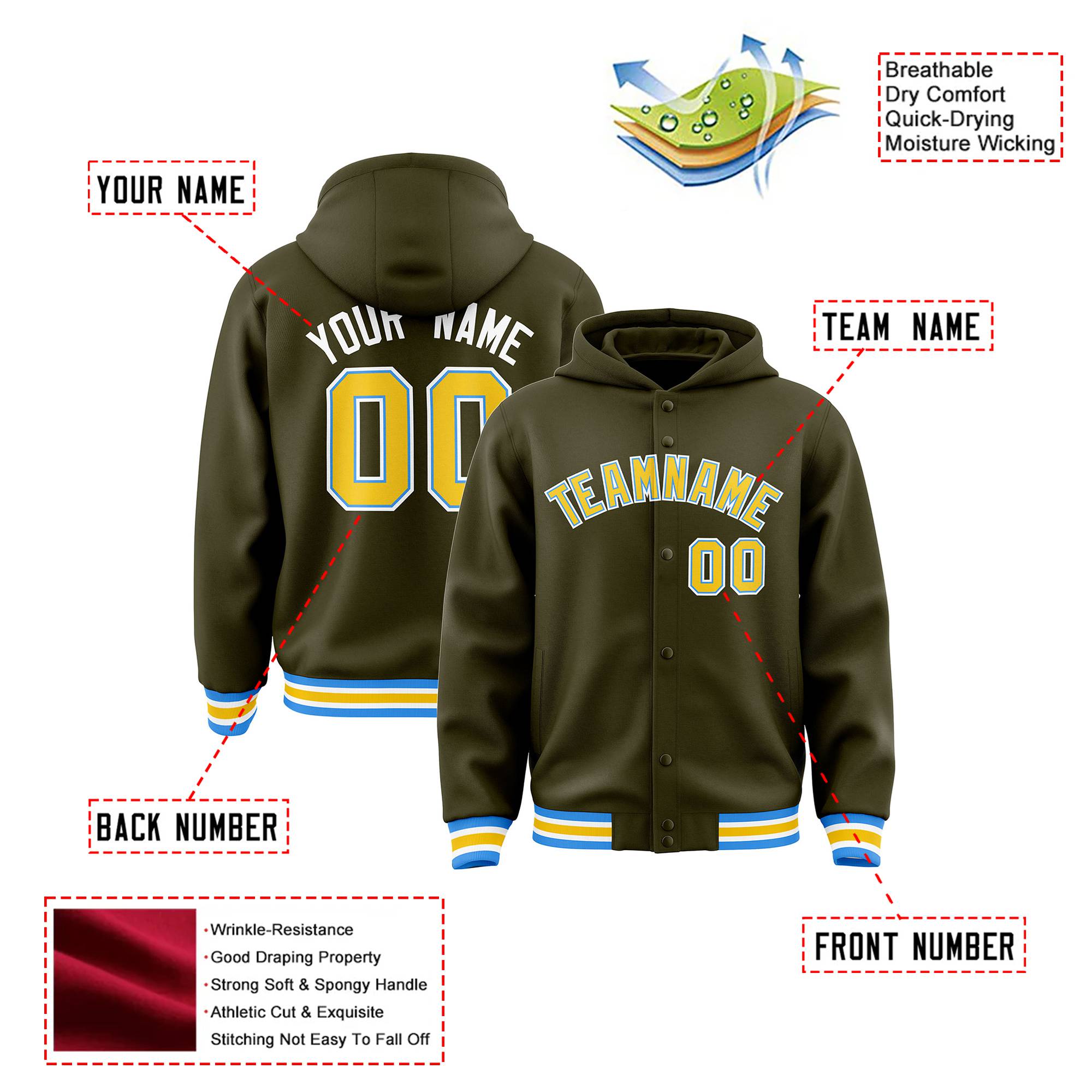 Custom Olive Gold-White Varsity Full-Snap Letterman Classic Hoodie Jacket