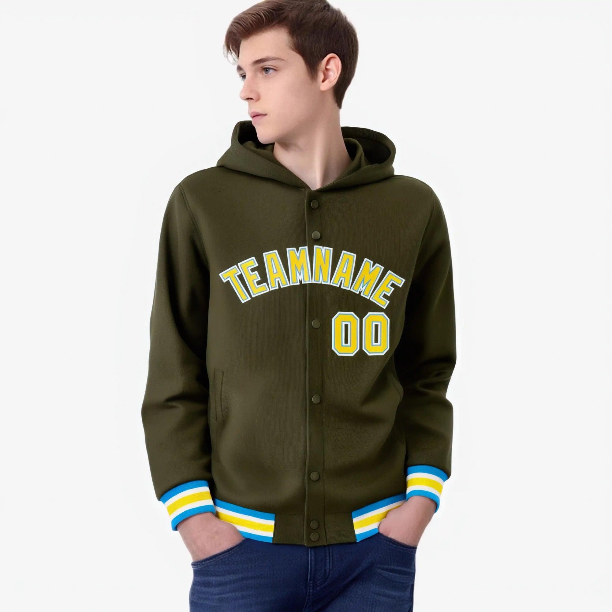 Custom Olive Gold-White Varsity Full-Snap Letterman Classic Hoodie Jacket