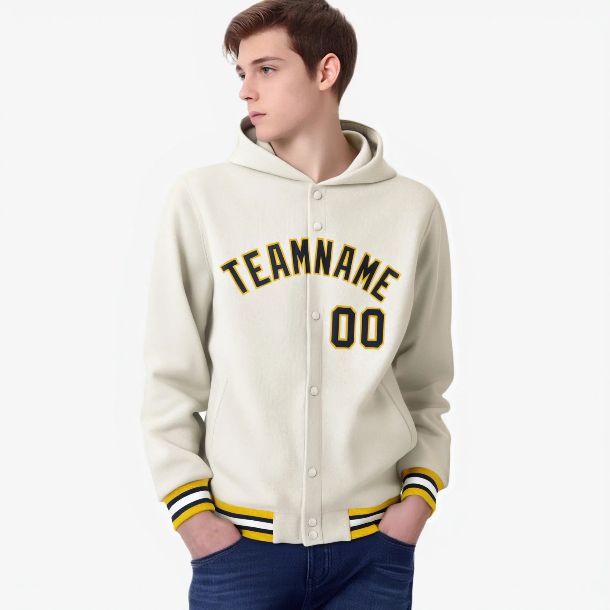 Custom Cream Navy-Gold Varsity Full-Snap Letterman Classic Hoodie Jacket