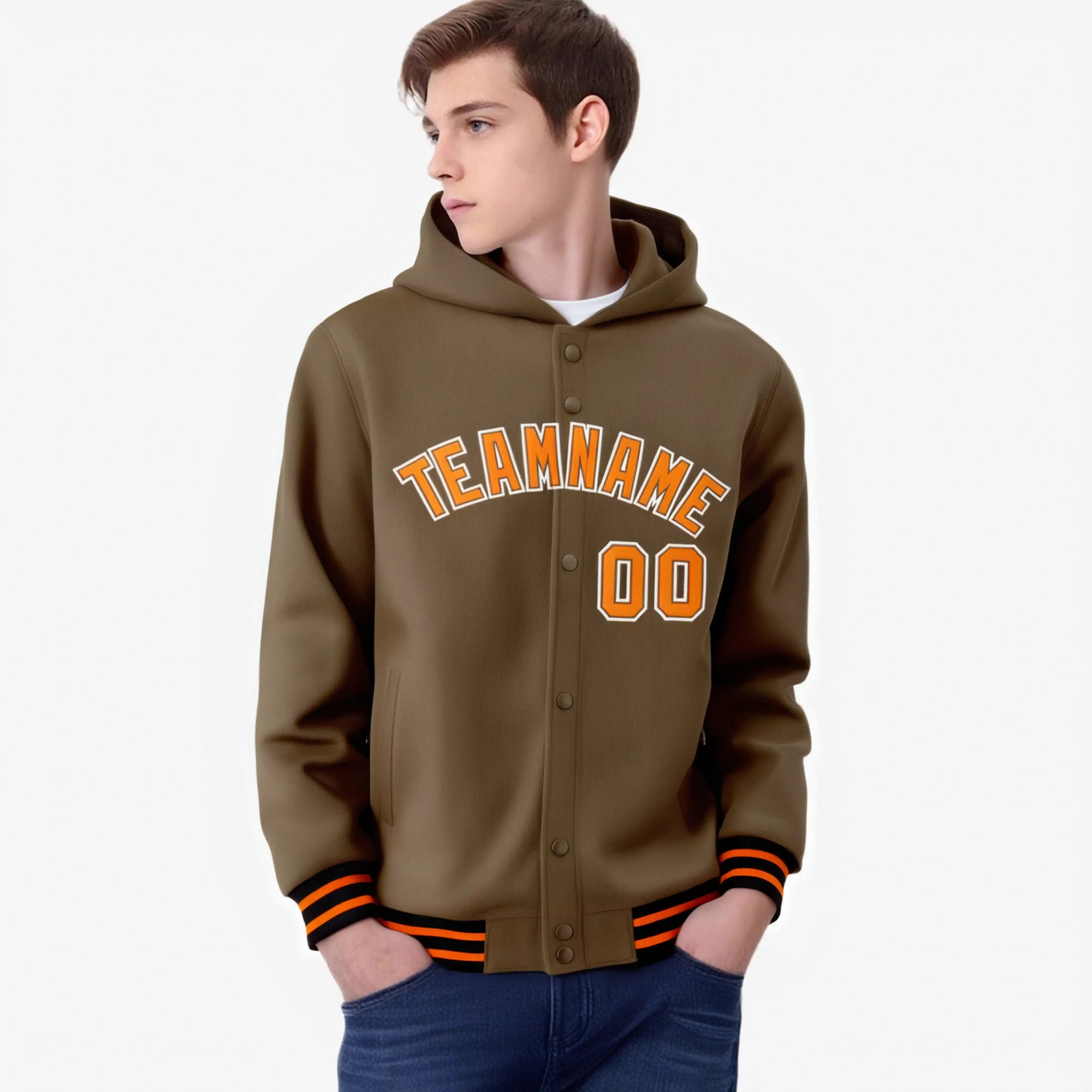 Custom Brown Orange-White Varsity Full-Snap Letterman Classic Hoodie Jacket