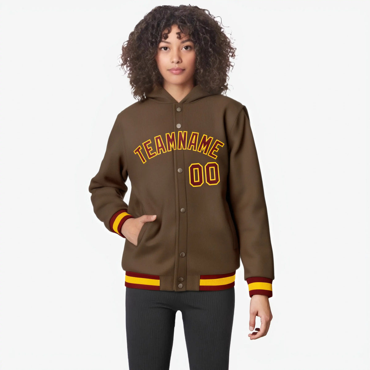 Custom Brown Crimson-Gold Varsity Full-Snap Letterman Classic Hoodie Jacket
