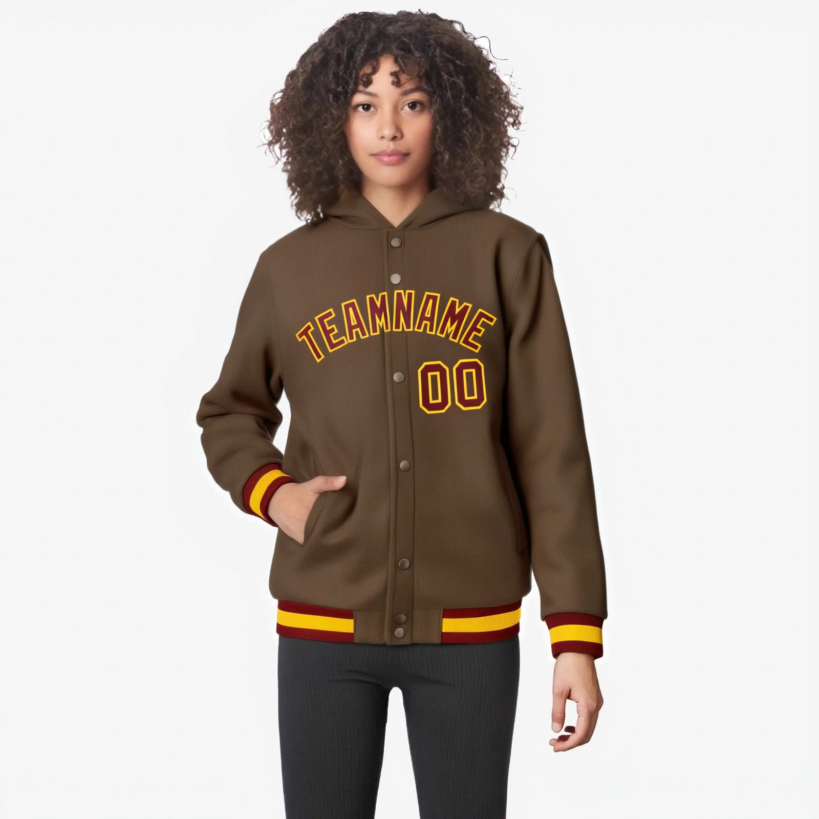 Custom Brown Crimson-Gold Varsity Full-Snap Letterman Classic Hoodie Jacket