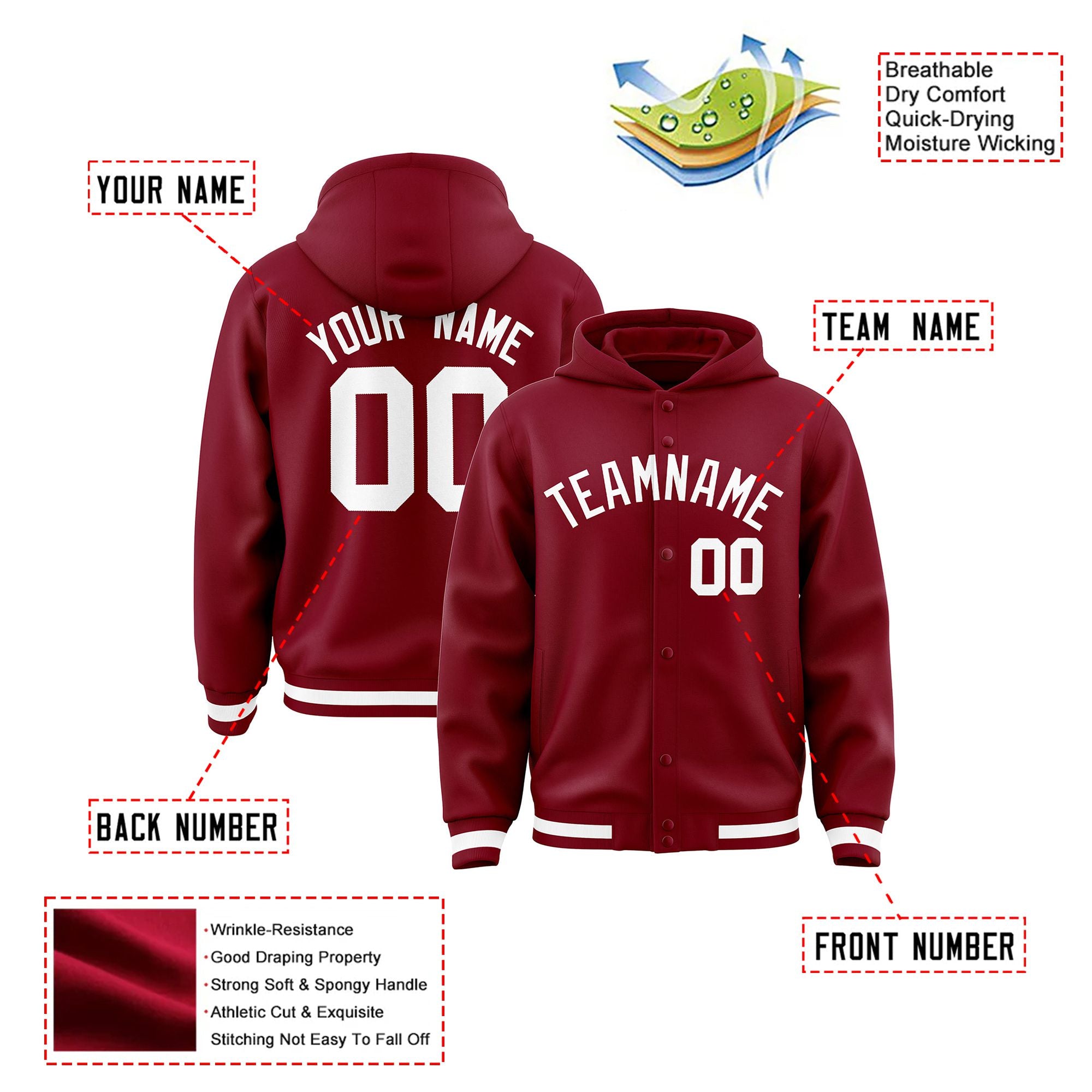 Custom Crimson White Varsity Full-Snap Letterman Classic Hoodie Jacket