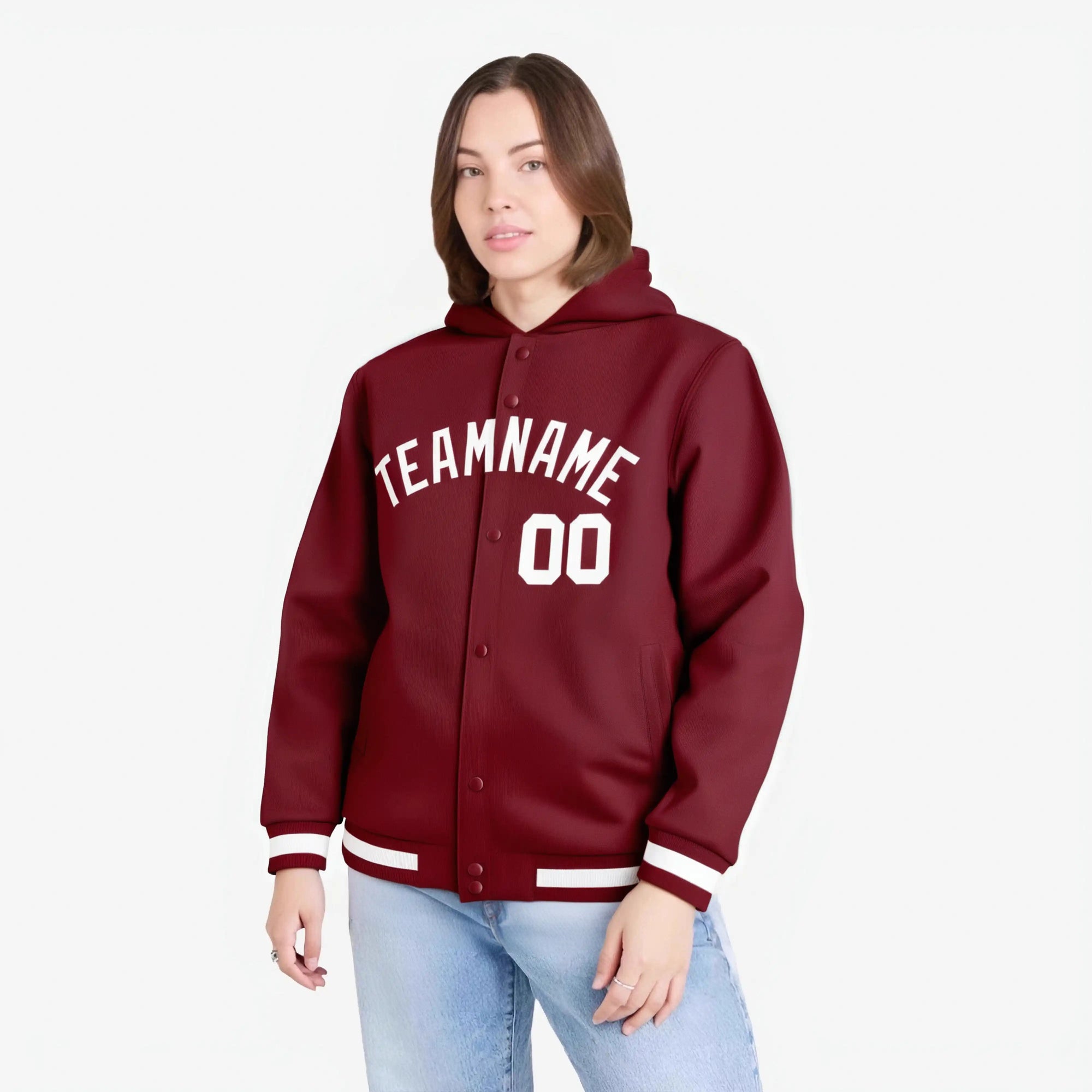 Custom Crimson White Varsity Full-Snap Letterman Classic Hoodie Jacket