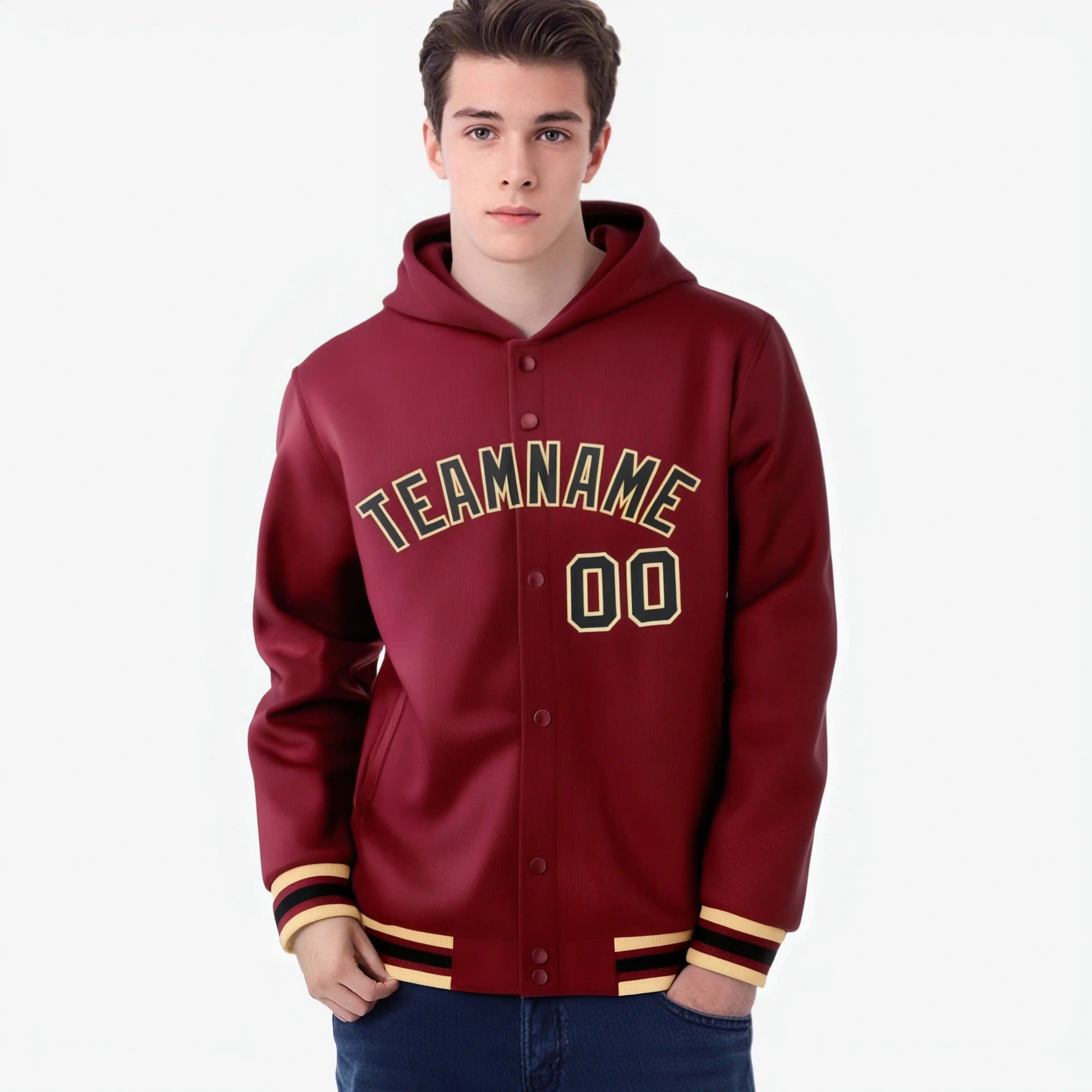 Custom Crimson Black-Old Gold Varsity Full-Snap Letterman Classic Hoodie Jacket