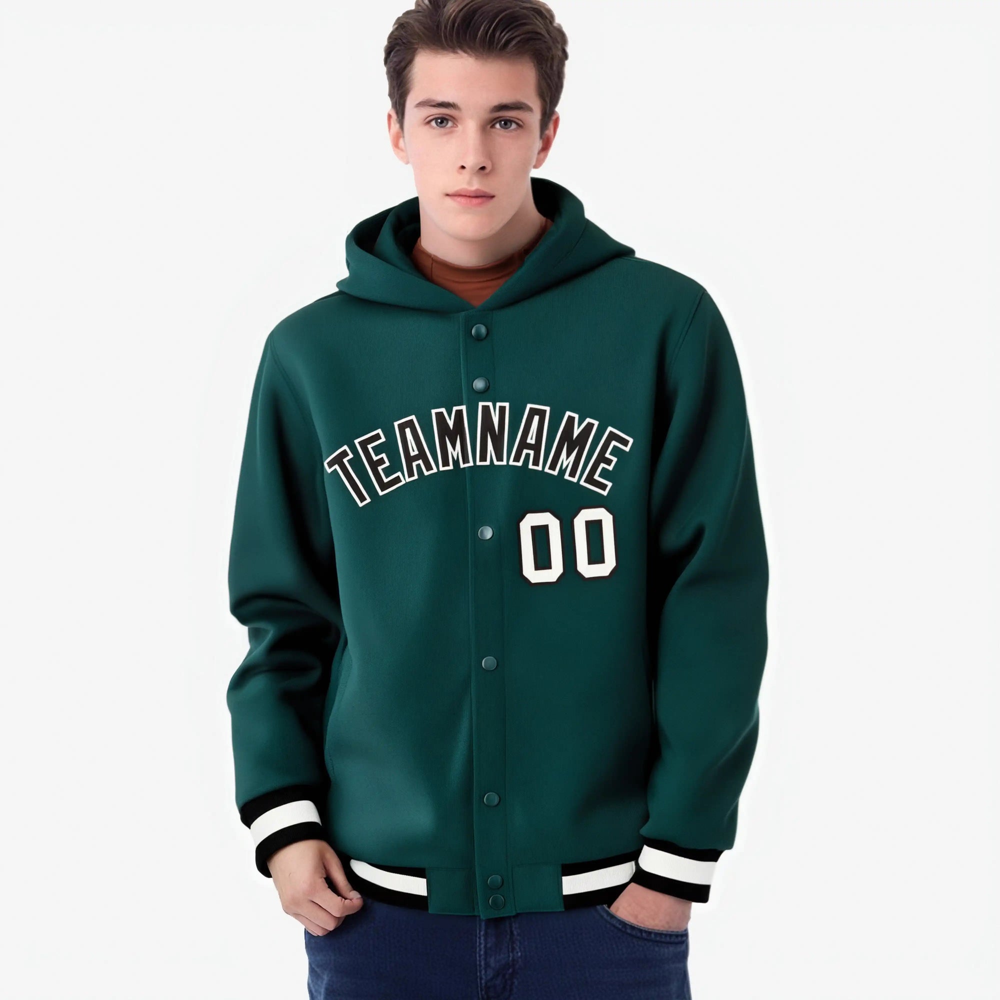 Custom Green Black-White Varsity Full-Snap Letterman Classic Hoodie Jacket