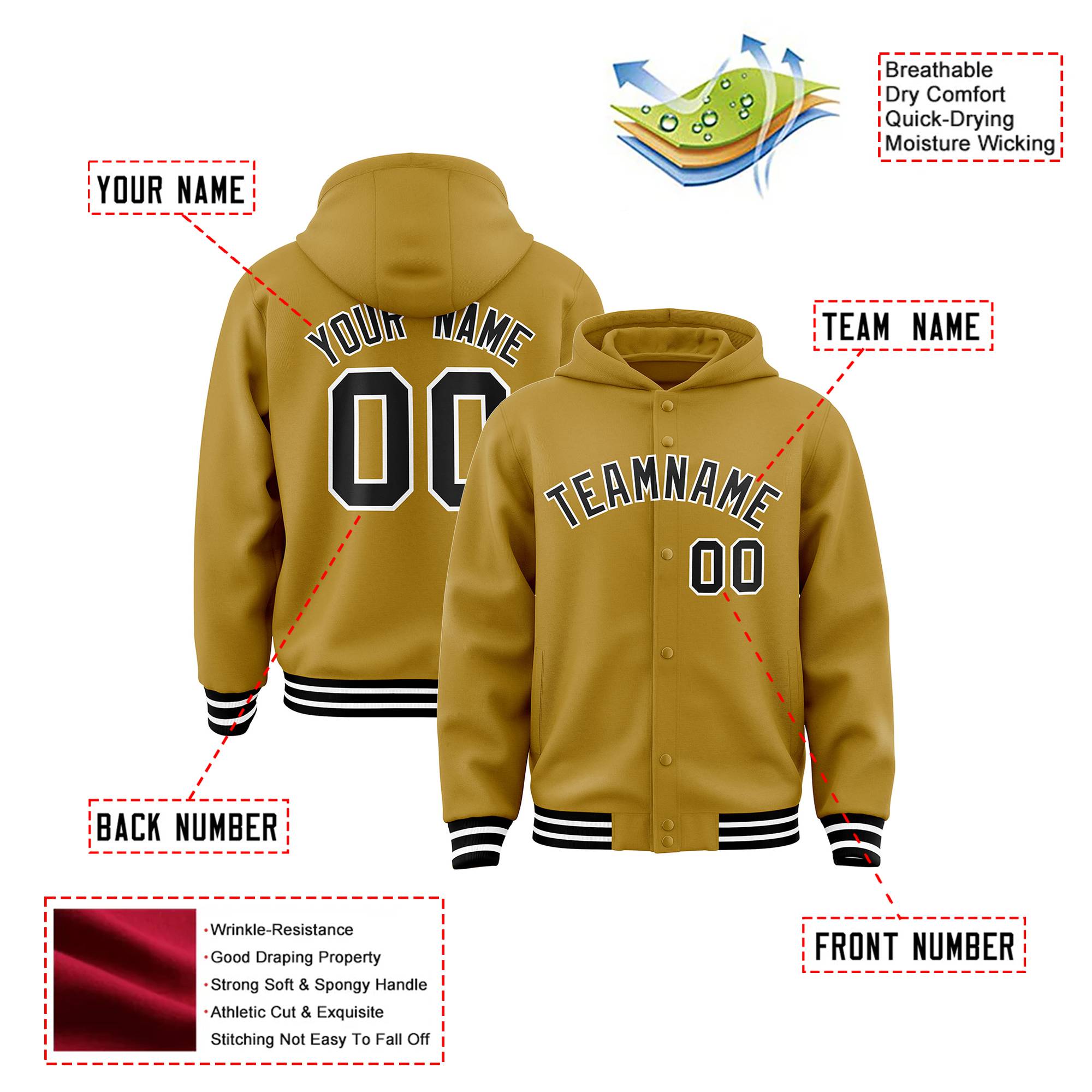 Custom Old Gold Black-White Varsity Full-Snap Letterman Classic Hoodie Jacket