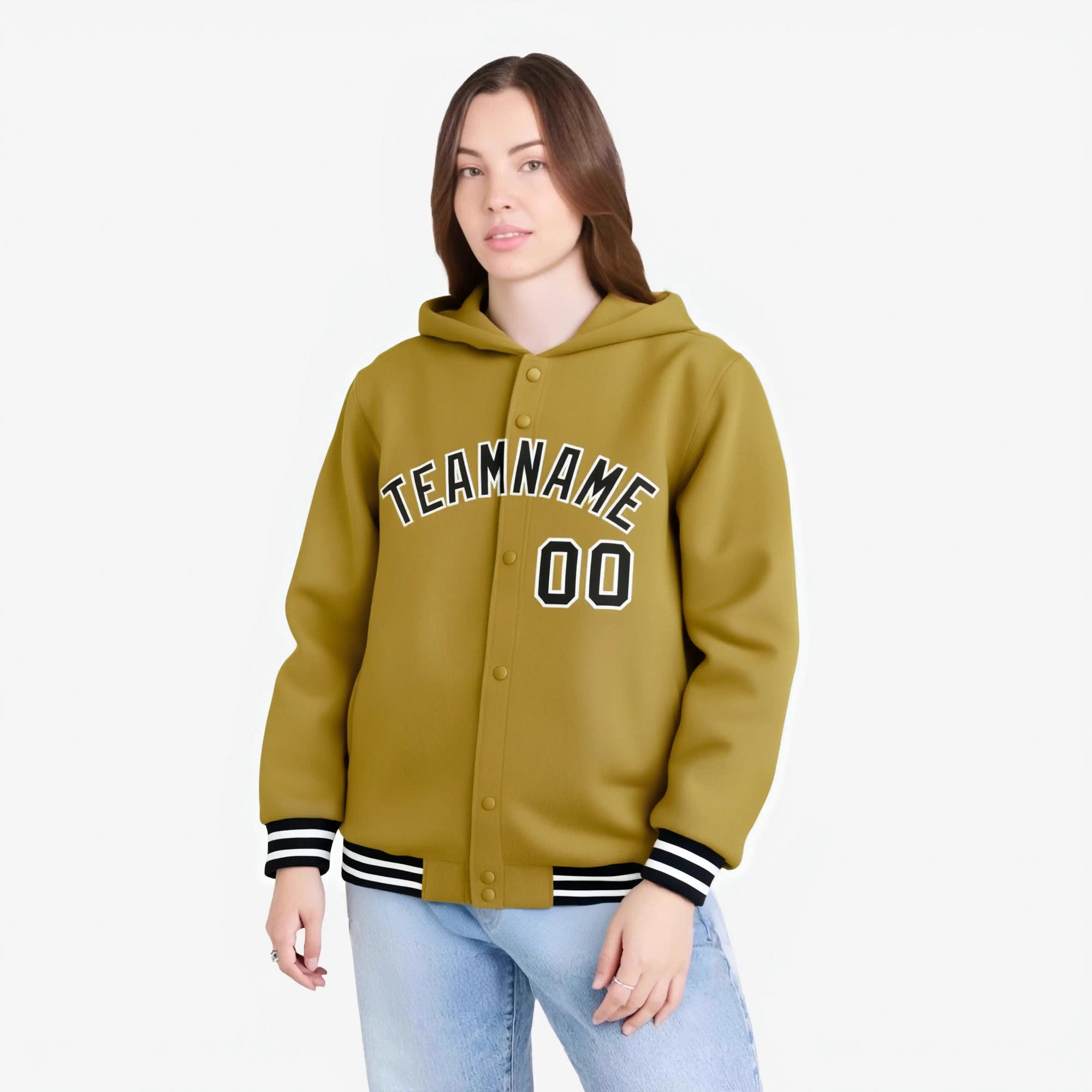 Custom Old Gold Black-White Varsity Full-Snap Letterman Classic Hoodie Jacket