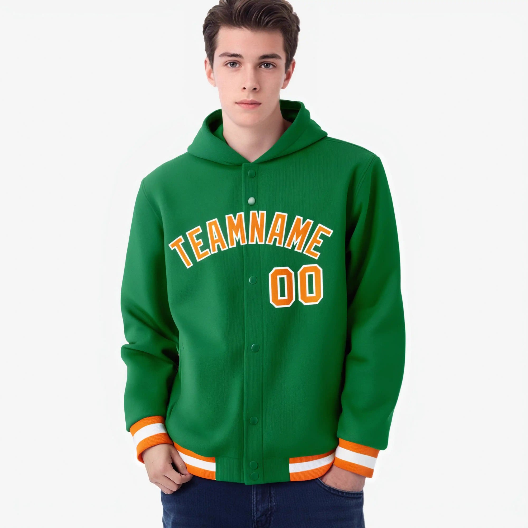 Custom Kelly Green Orange-White Varsity Full-Snap Letterman Classic Hoodie Jacket