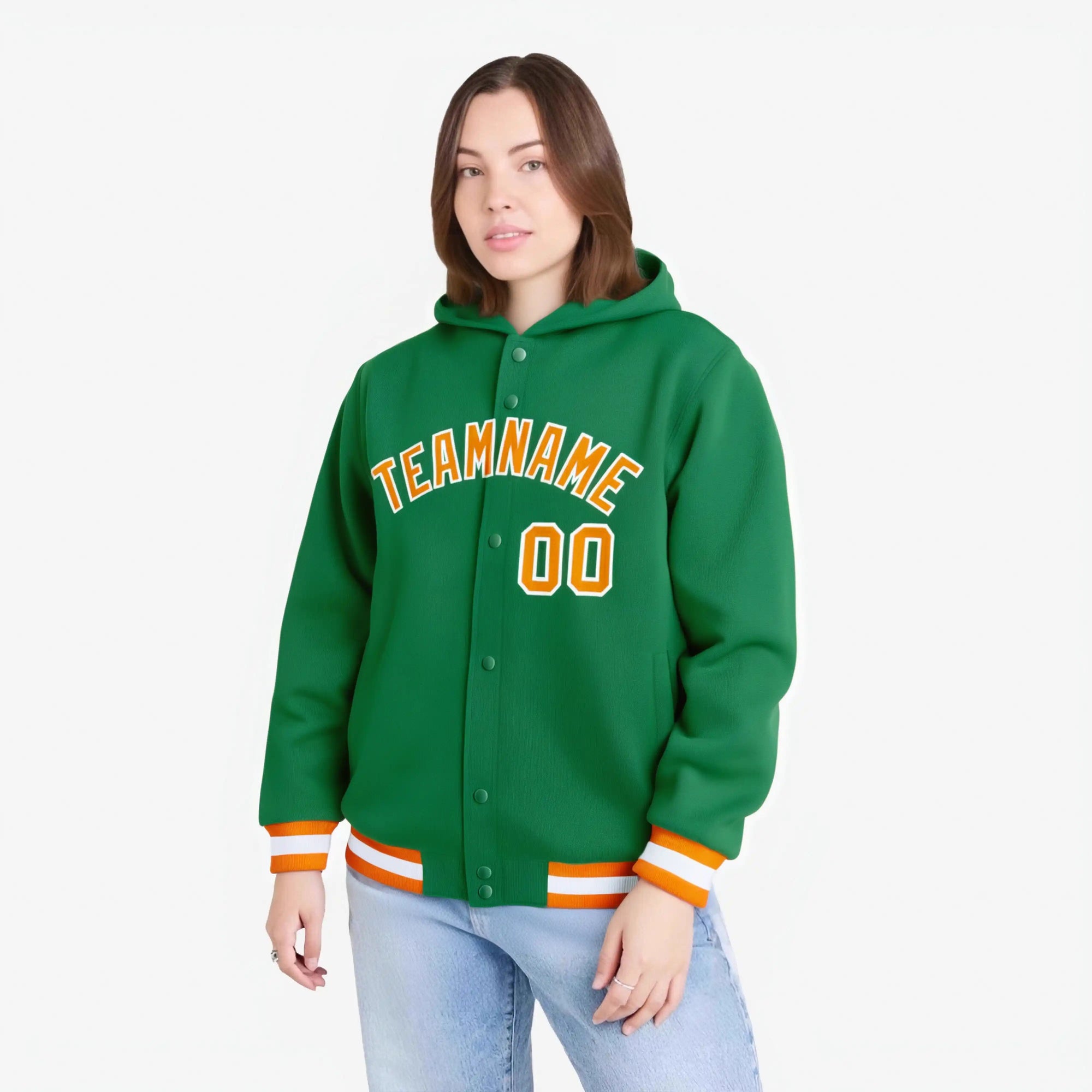 Custom Kelly Green Orange-White Varsity Full-Snap Letterman Classic Hoodie Jacket