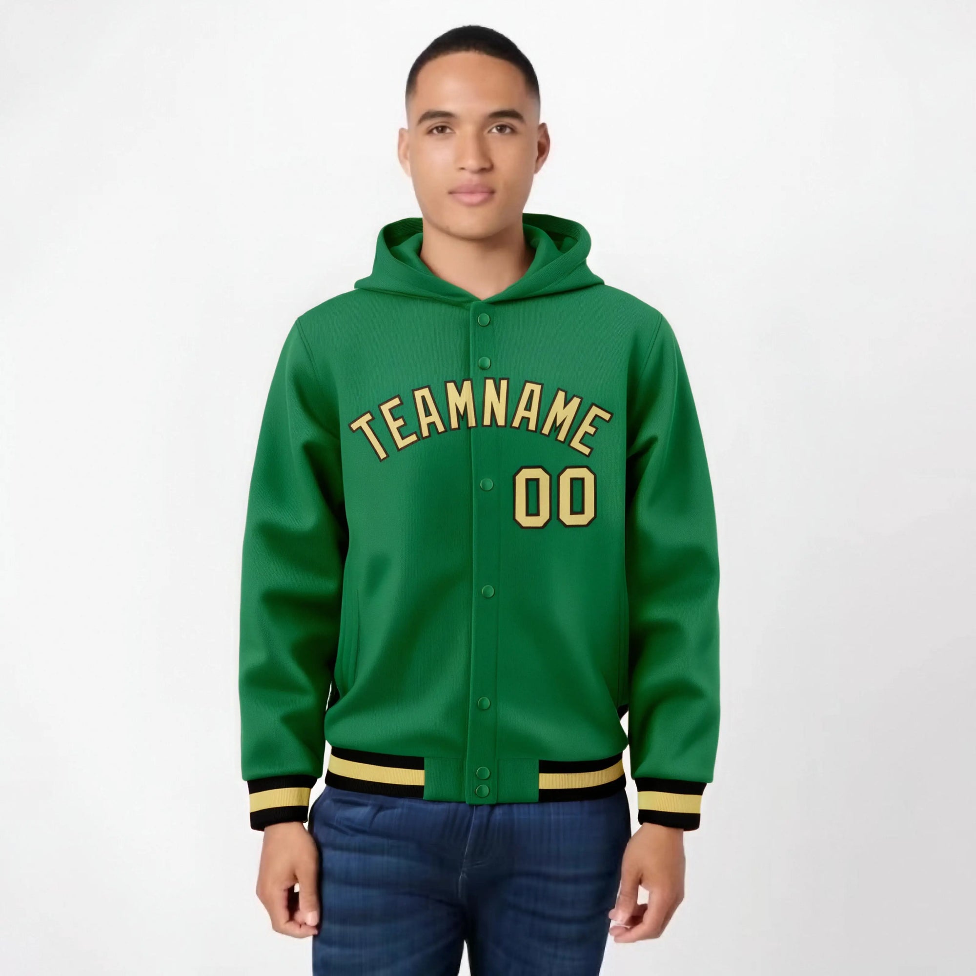 Custom Kelly Green Old Gold-Black Varsity Full-Snap Letterman Classic Hoodie Jacket