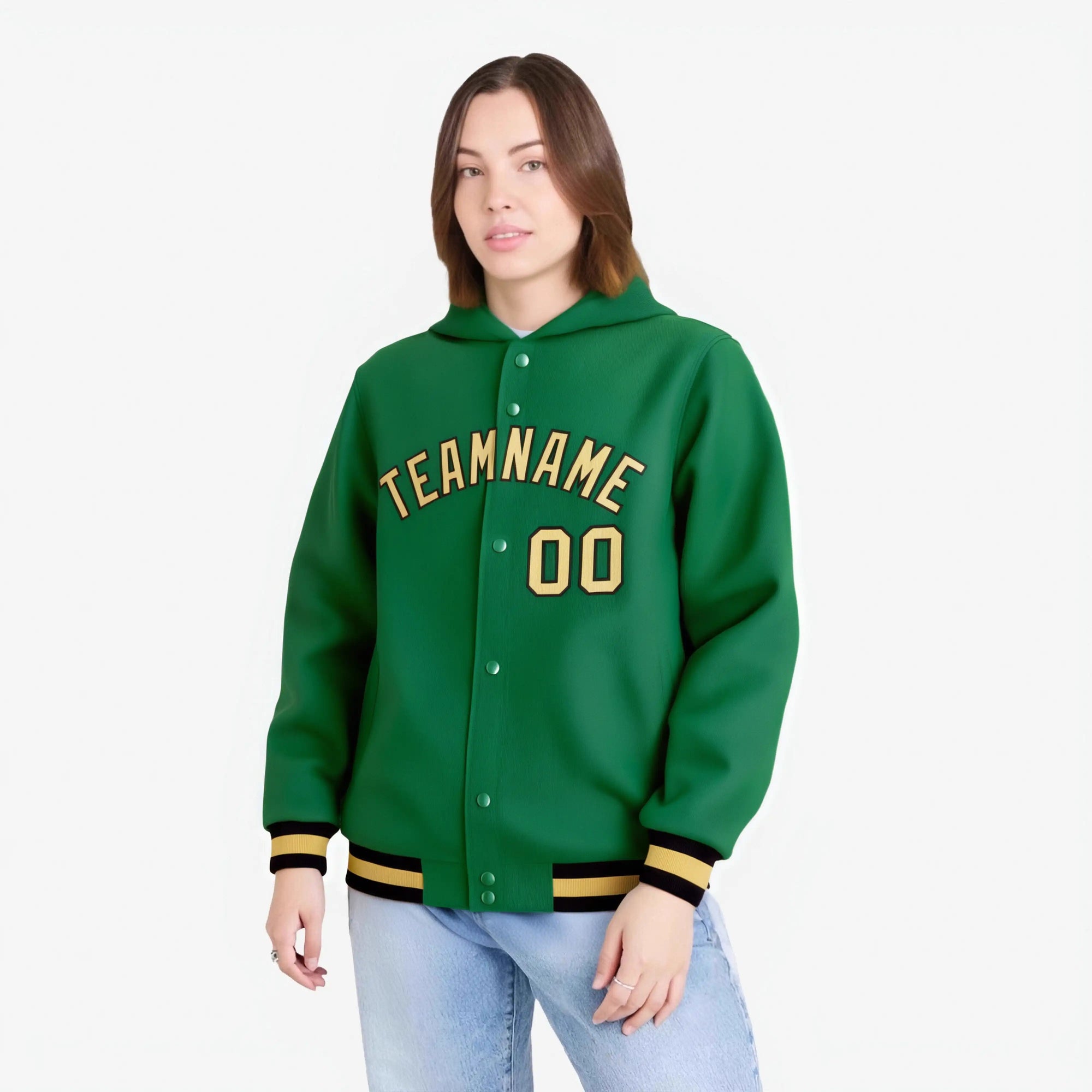 Custom Kelly Green Old Gold-Black Varsity Full-Snap Letterman Classic Hoodie Jacket