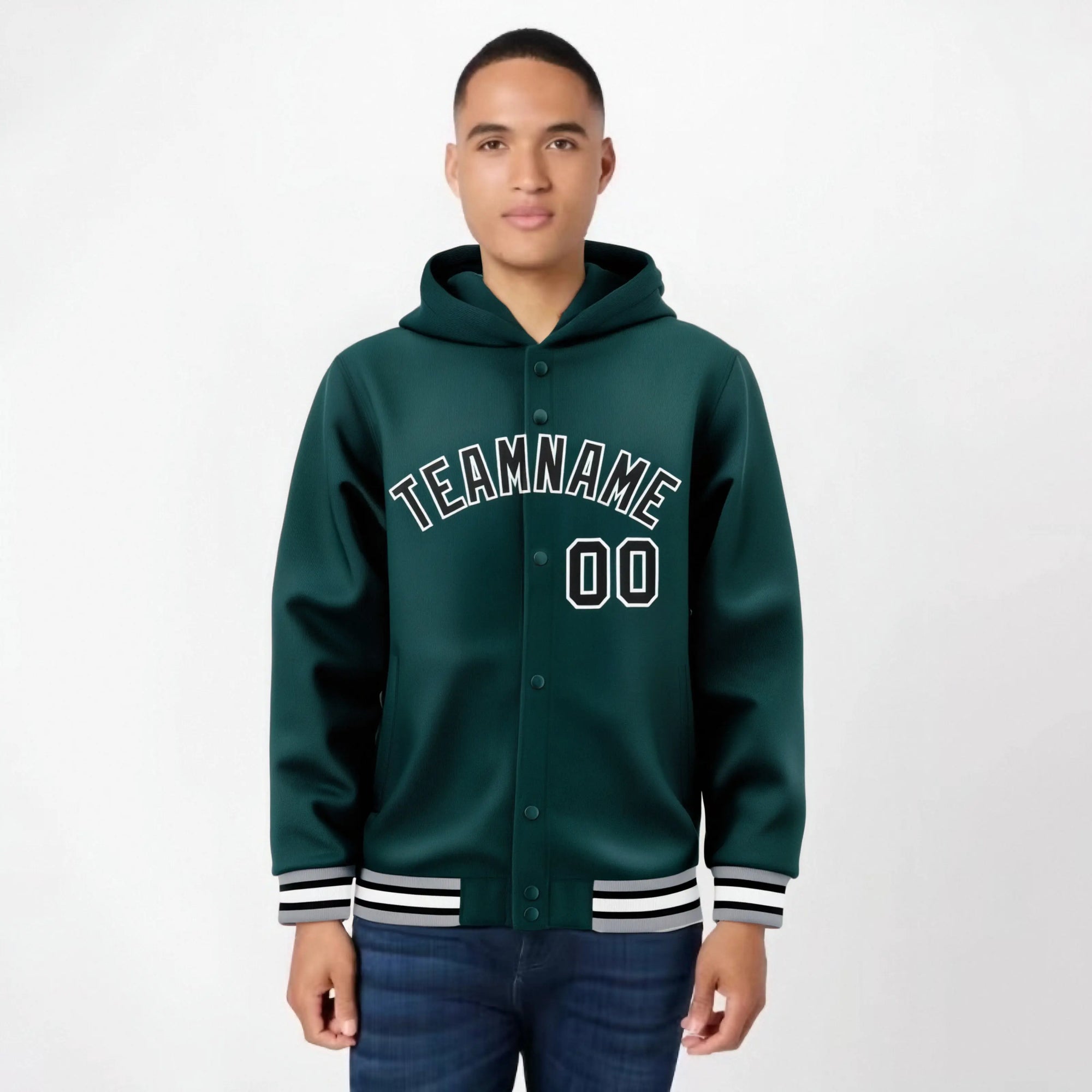 Custom Green Black-White Varsity Full-Snap Letterman Classic Hoodie Jacket