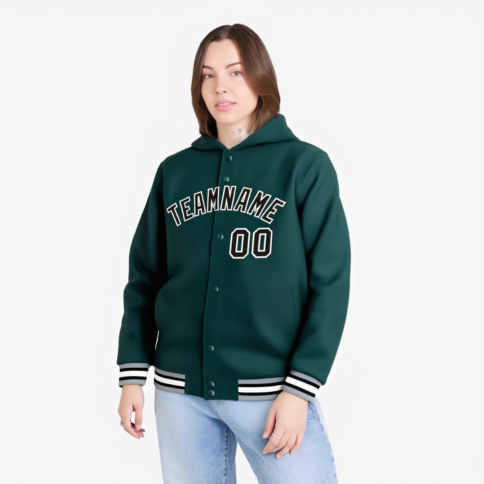 Custom Green Black-White Varsity Full-Snap Letterman Classic Hoodie Jacket