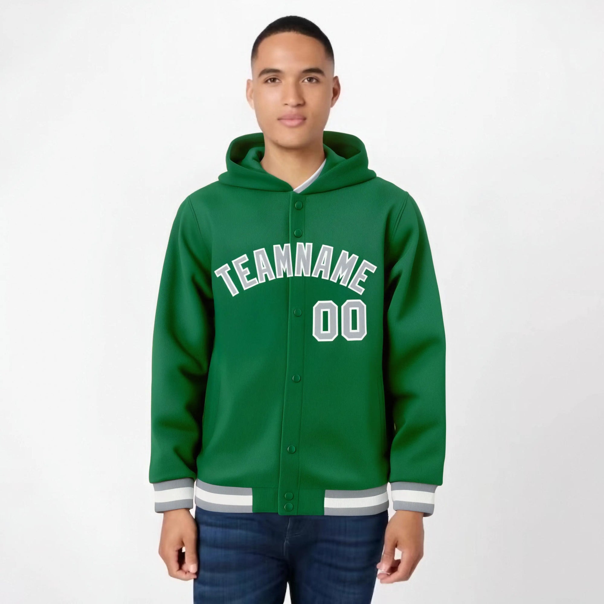 Custom Kelly Green Gray-White Varsity Full-Snap Letterman Classic Hoodie Jacket