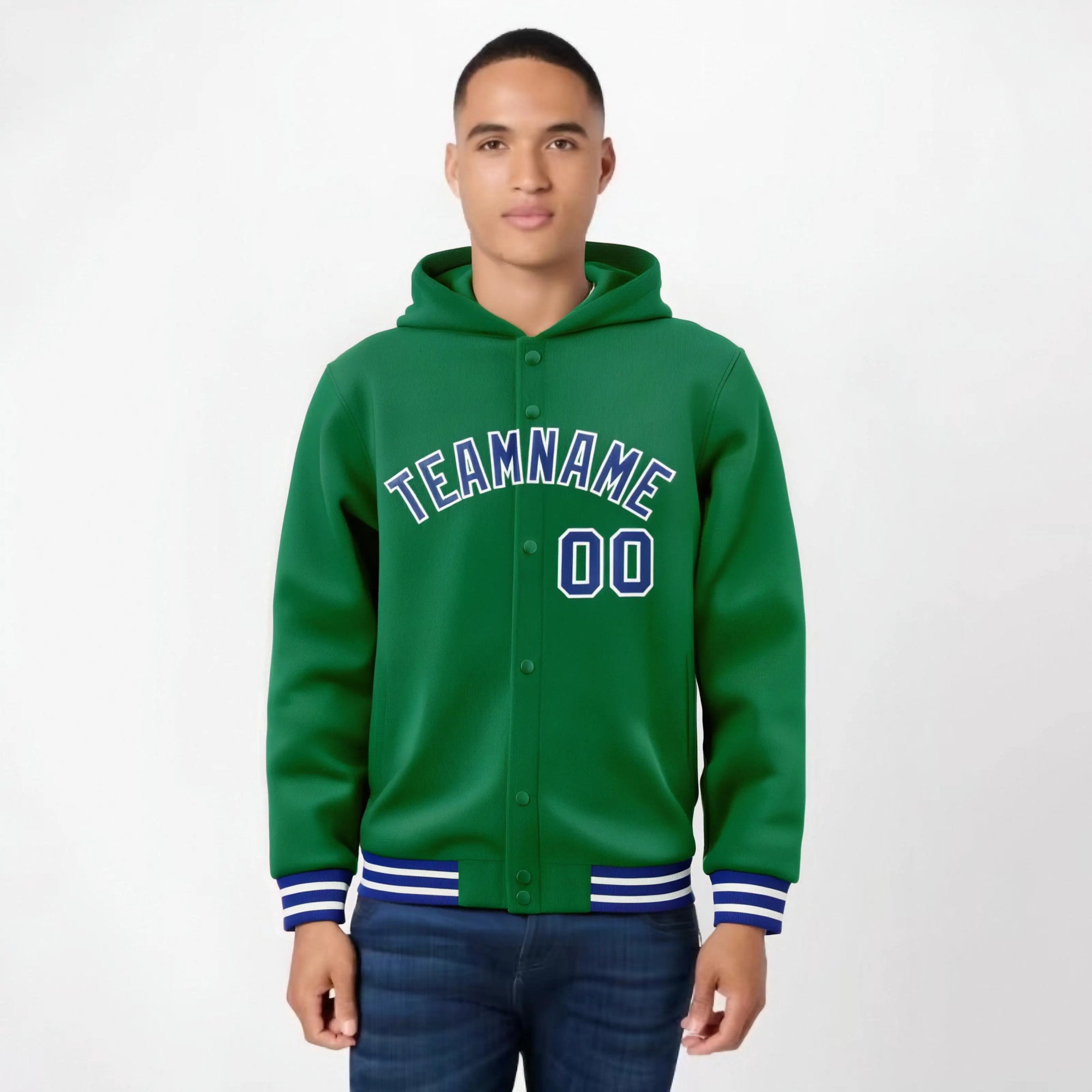 Custom Kelly Green Royal Blue-White Varsity Full-Snap Letterman Classic Hoodie Jacket