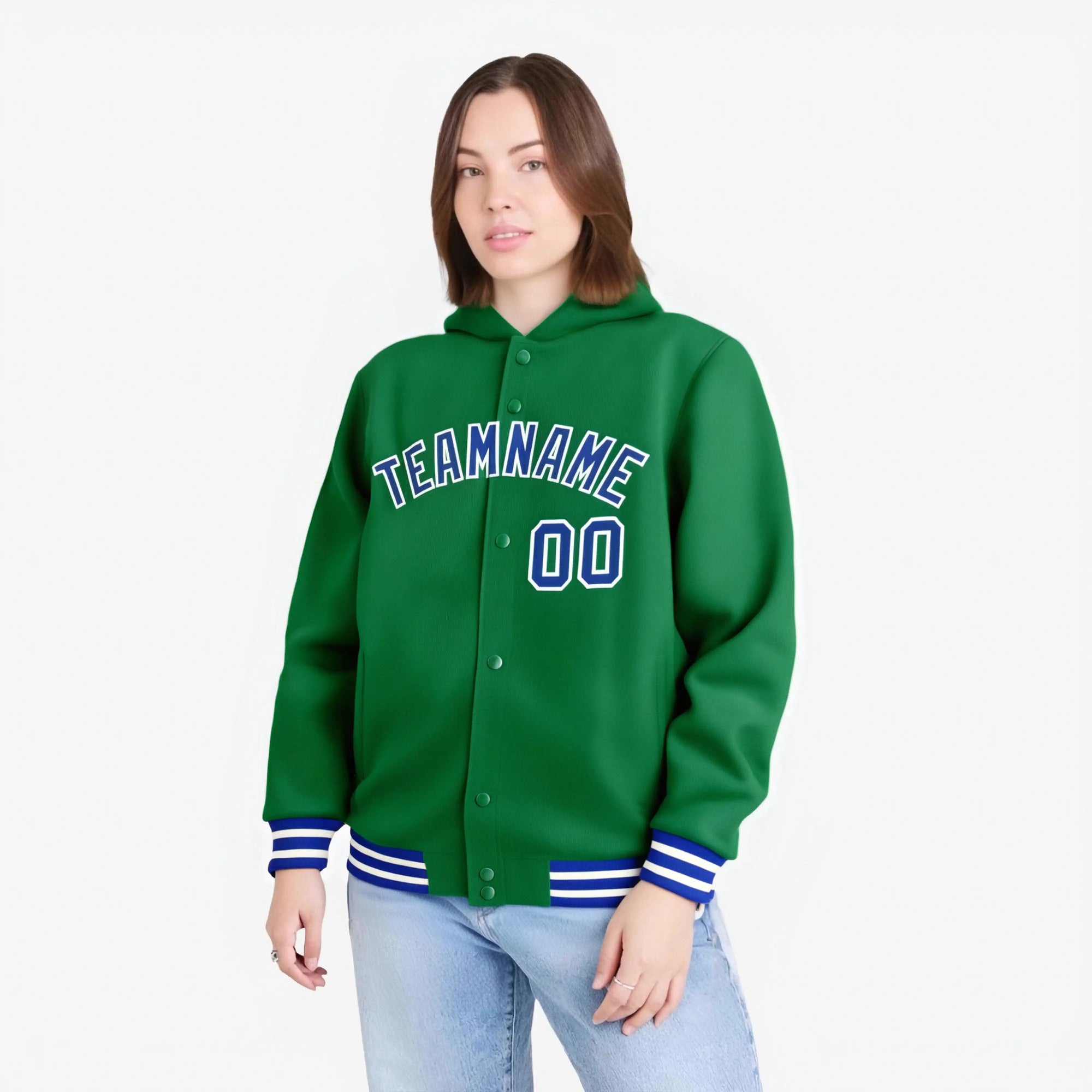 Custom Kelly Green Royal Blue-White Varsity Full-Snap Letterman Classic Hoodie Jacket