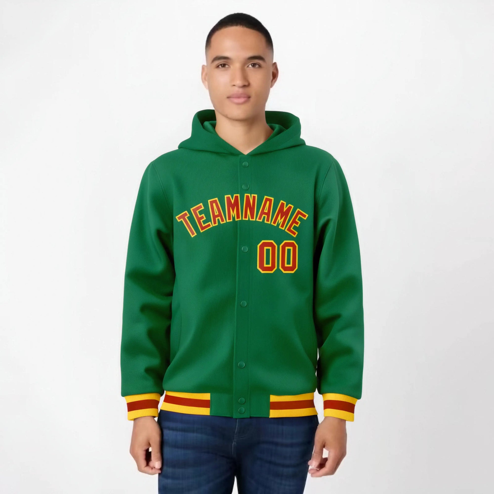 Custom Kelly Green Red-Gold Varsity Full-Snap Letterman Classic Hoodie Jacket