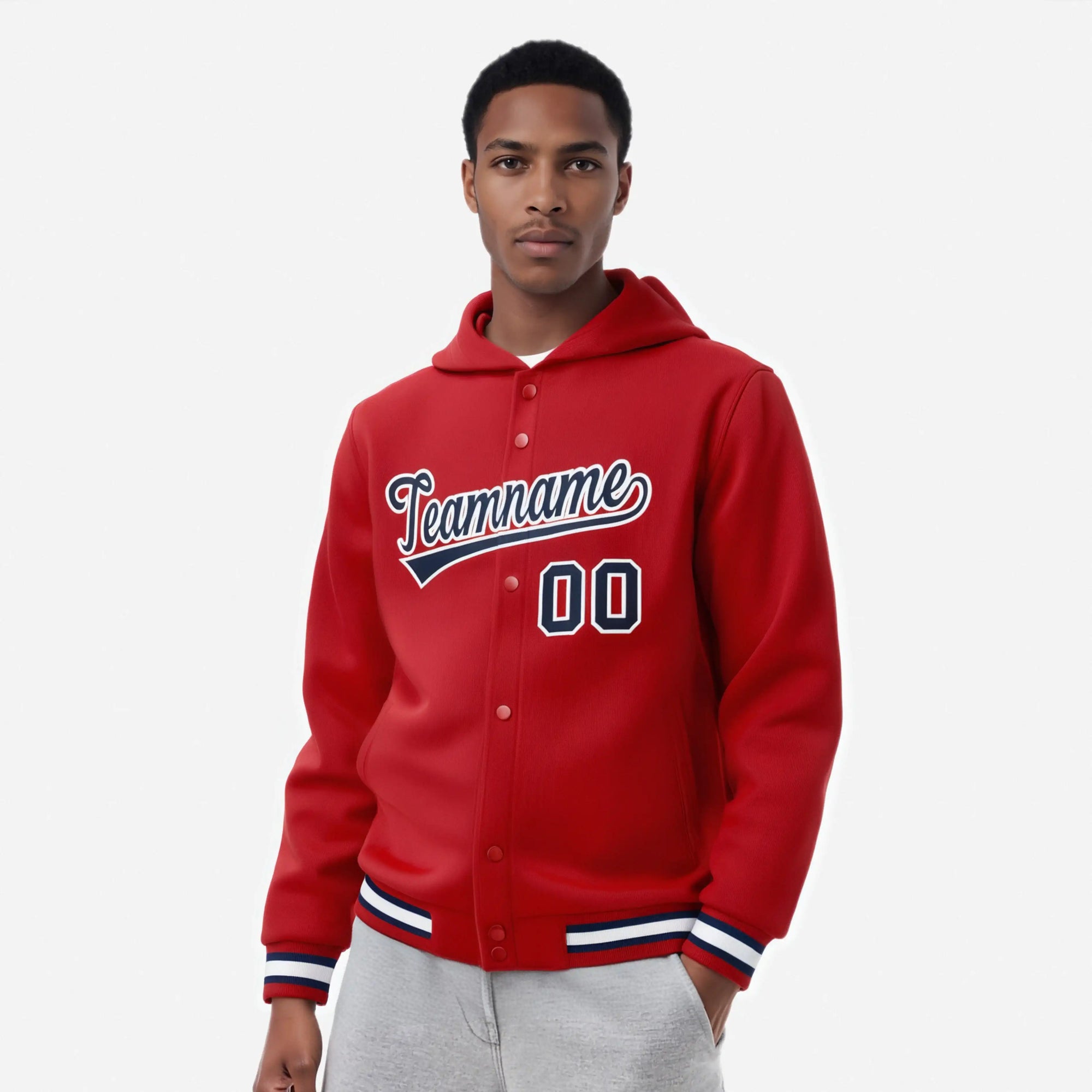 Custom Red Navy-White Varsity Full-Snap Letterman Classic Hoodie Jacket