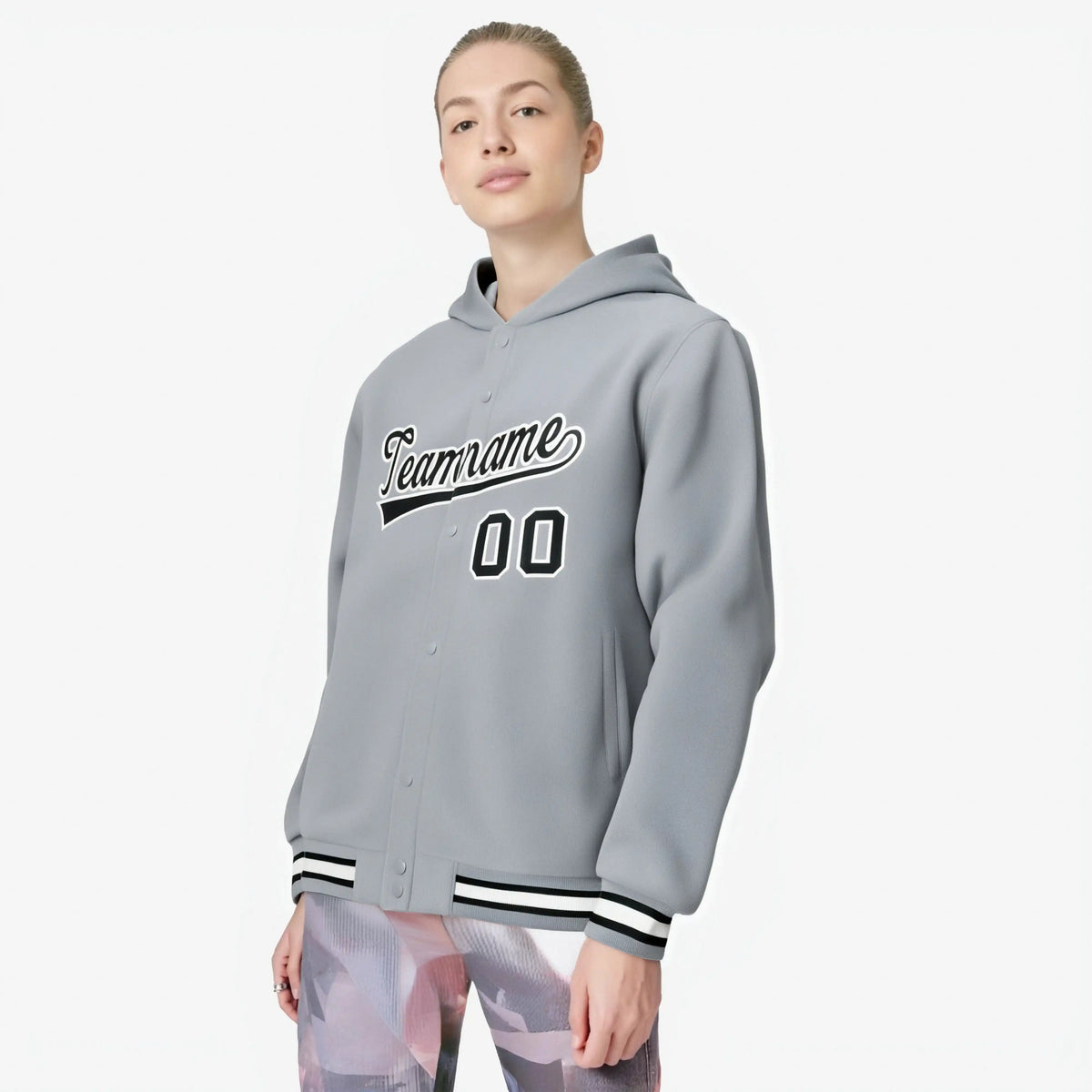 Custom Gray Black-White Varsity Full-Snap Letterman Classic Hoodie Jacket