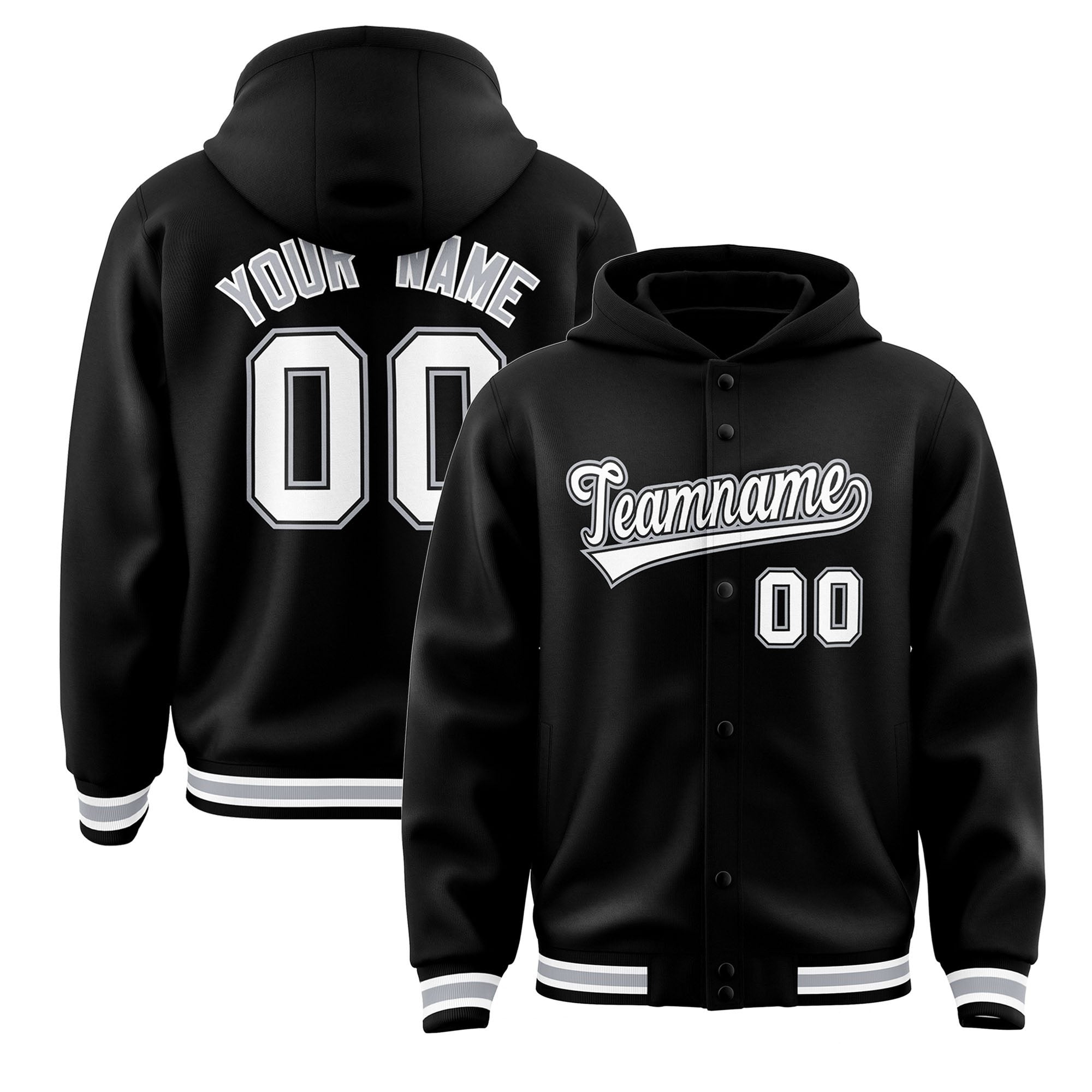 Custom Black White-Gray Varsity Full-Snap Letterman Classic Hoodie Jacket