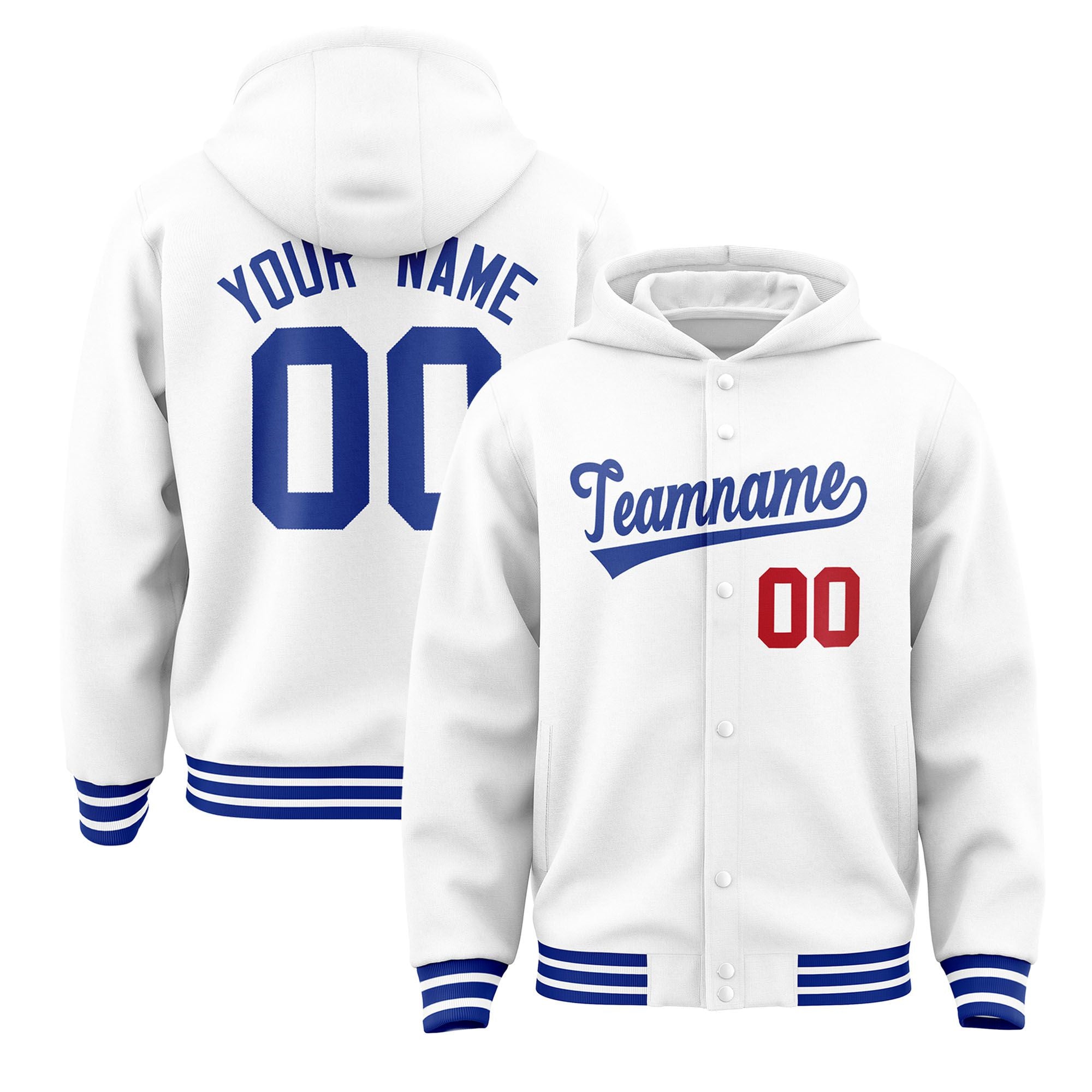 Custom White Royal Blue Varsity Full-Snap Letterman Classic Hoodie Jacket